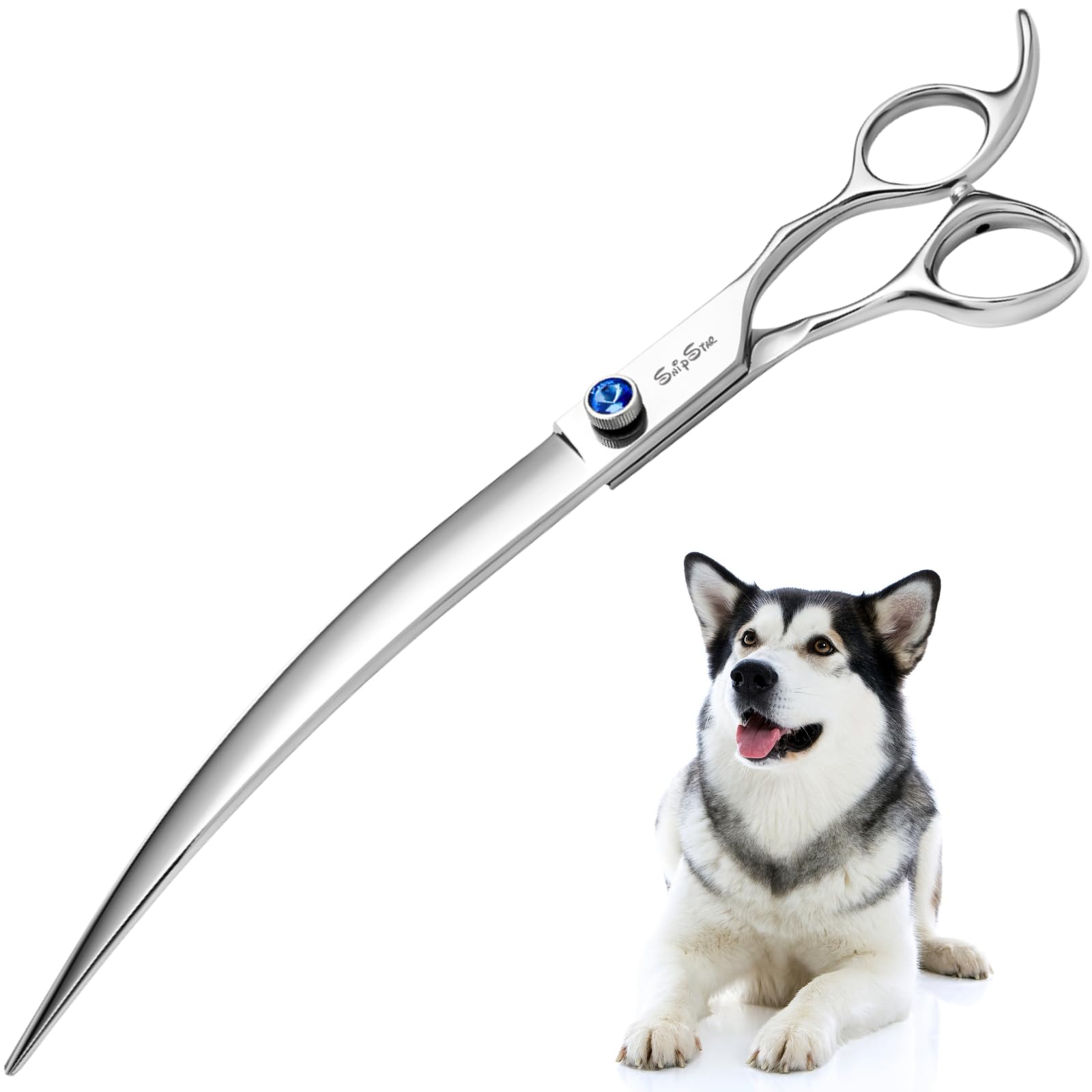 SnipStar 10inch curved dog grooming scissors for efficient face and paws contour trimming.