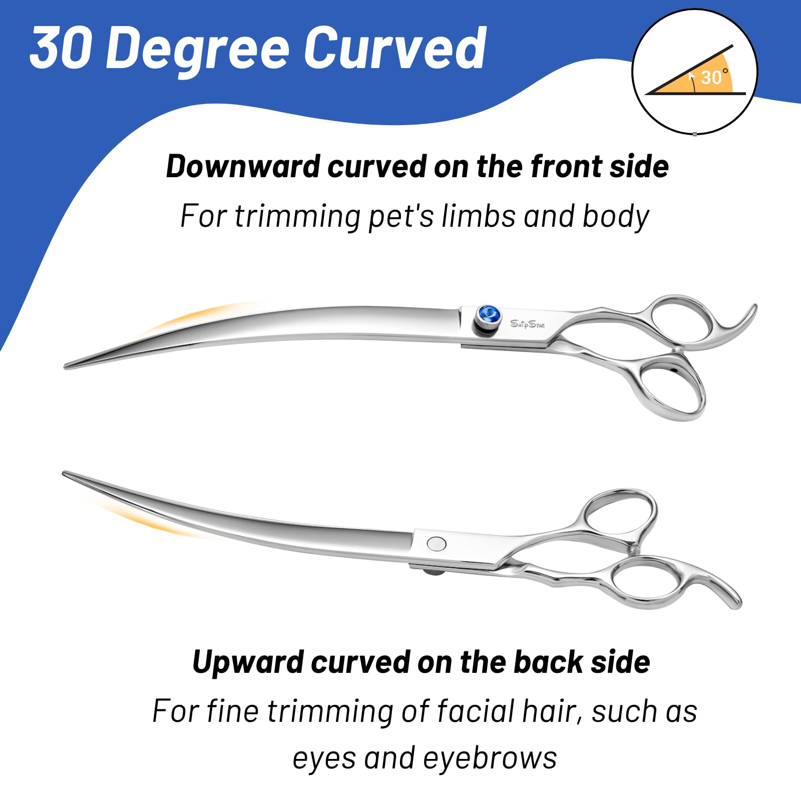 SnipStar 30-degree curved blades enable safe trimming around sensitive areas.