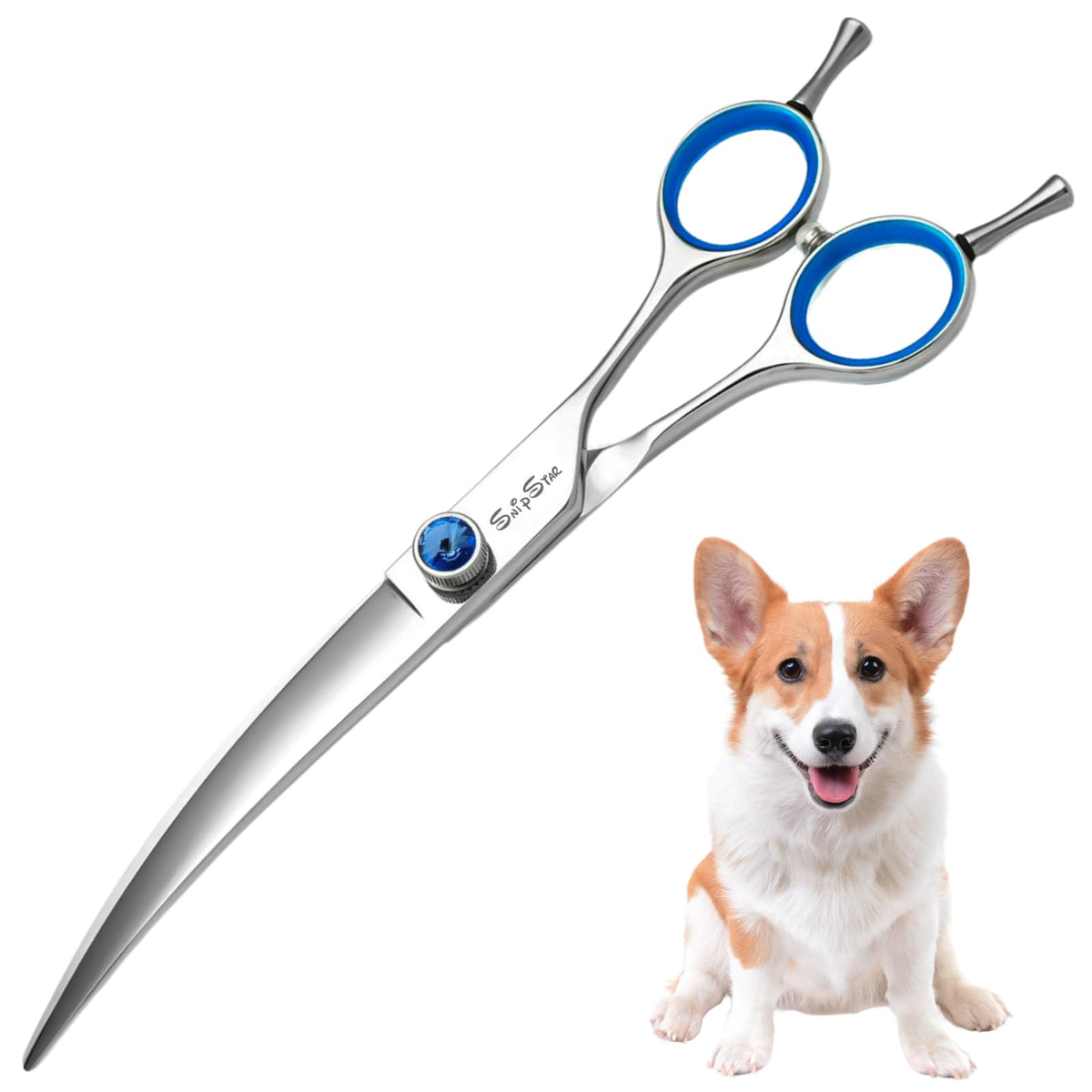 SnipStar 8inch curved dog grooming scissors with curved blades for efficient trimming on sensitive areas.