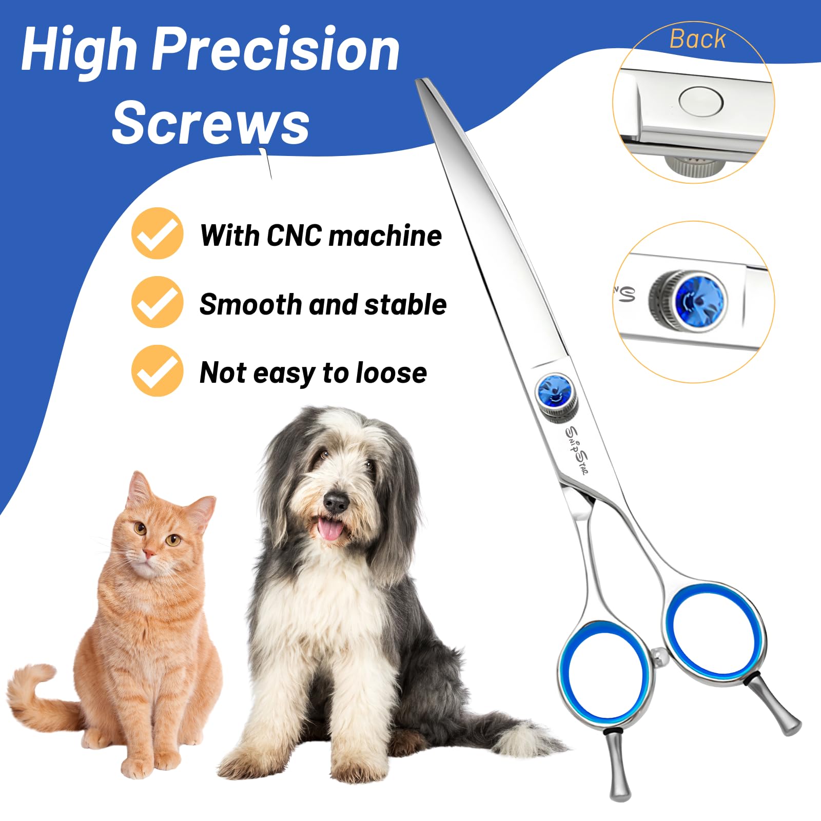 SnipStar blunt-tip design protects pets during near-face trimming.