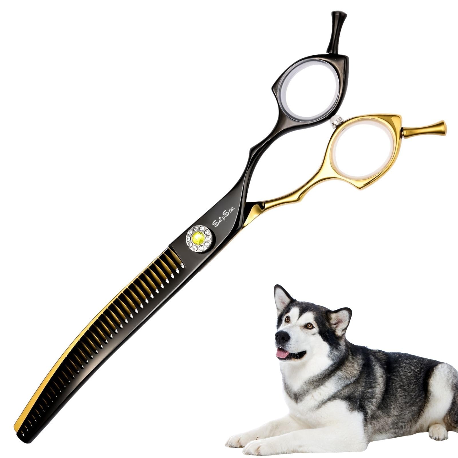 SnipStar curved thinning dog scissors 7.5-inch show curved blades for precise contouring.