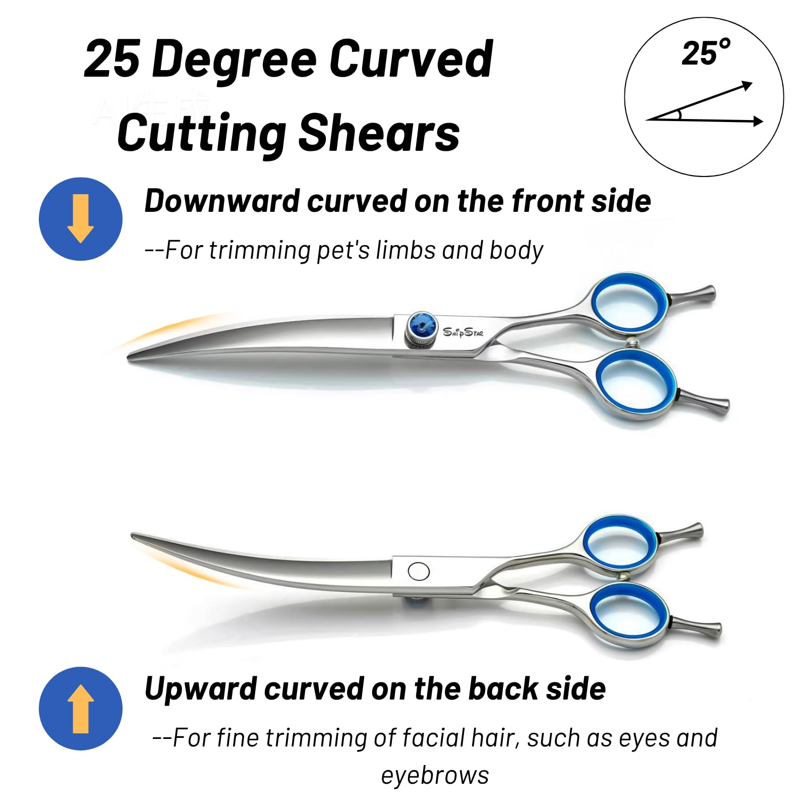 SnipStar ergonomic handle dog scissors side view showing comfortable grip