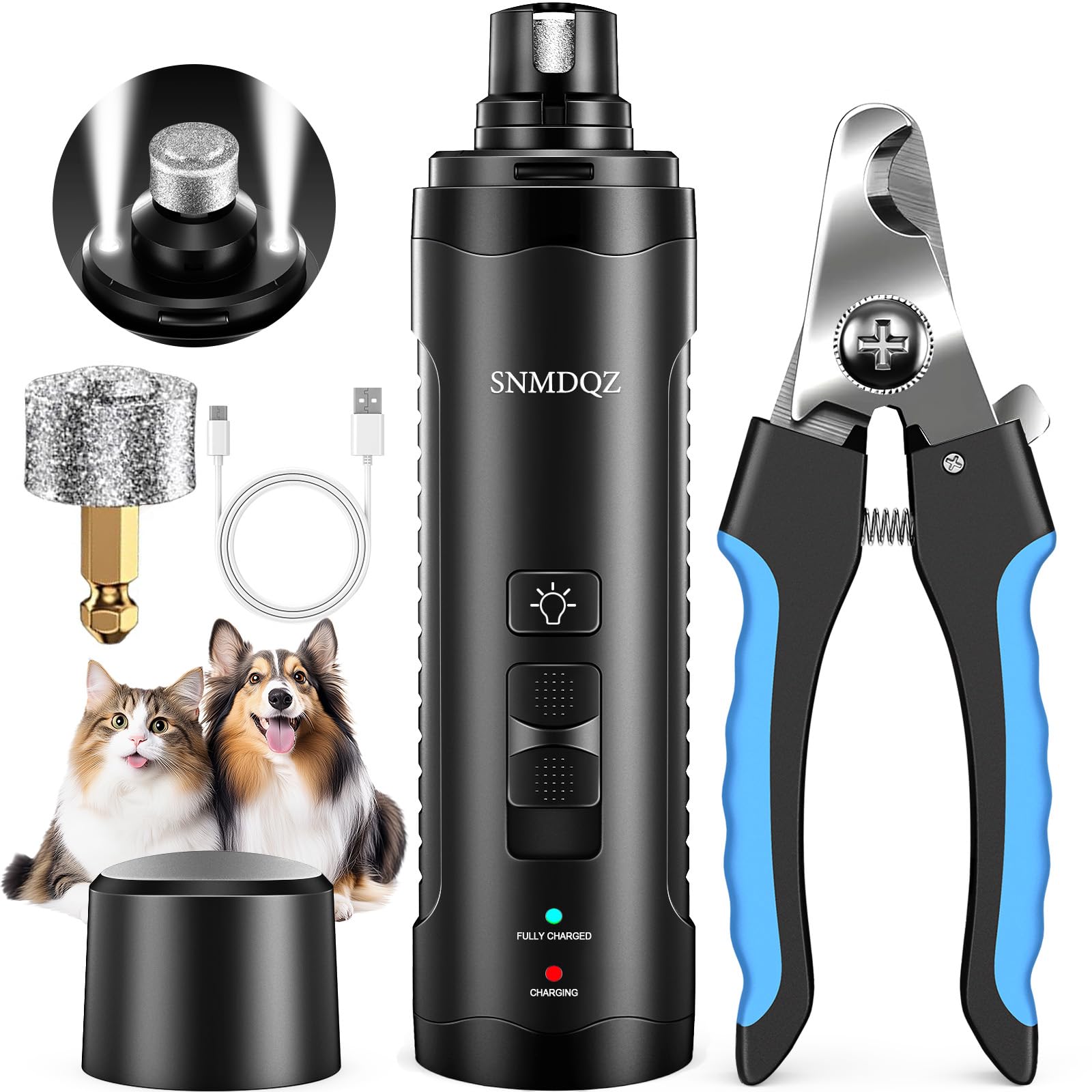 SNMDQZ dog nail grinder with LED lights aids quiet, precise trimming.
