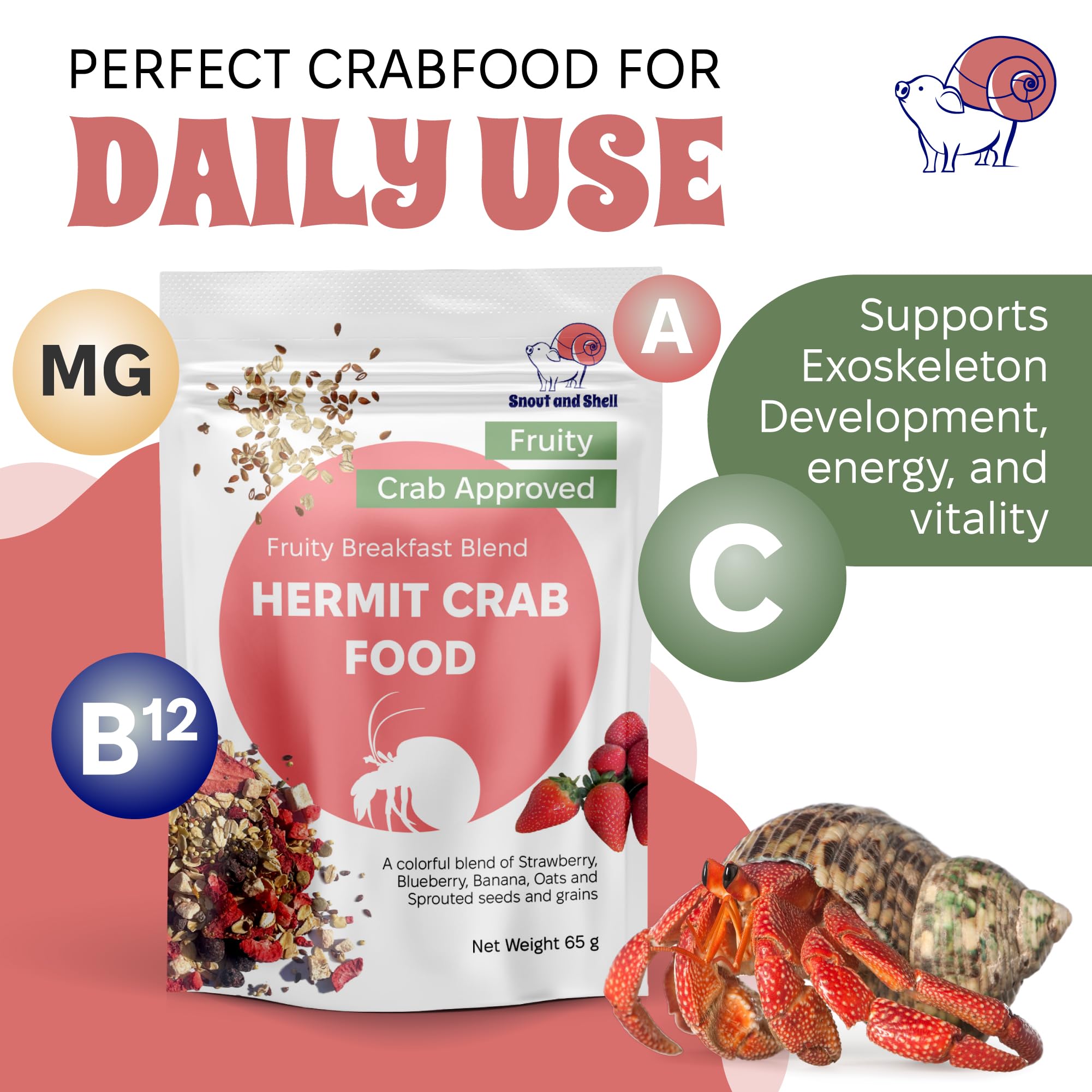 Snout and Shell high-protein hermit crab food with real fruit supports exoskeleton health.