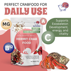 Snout and Shell high-protein hermit crab food with real fruit supports exoskeleton health.