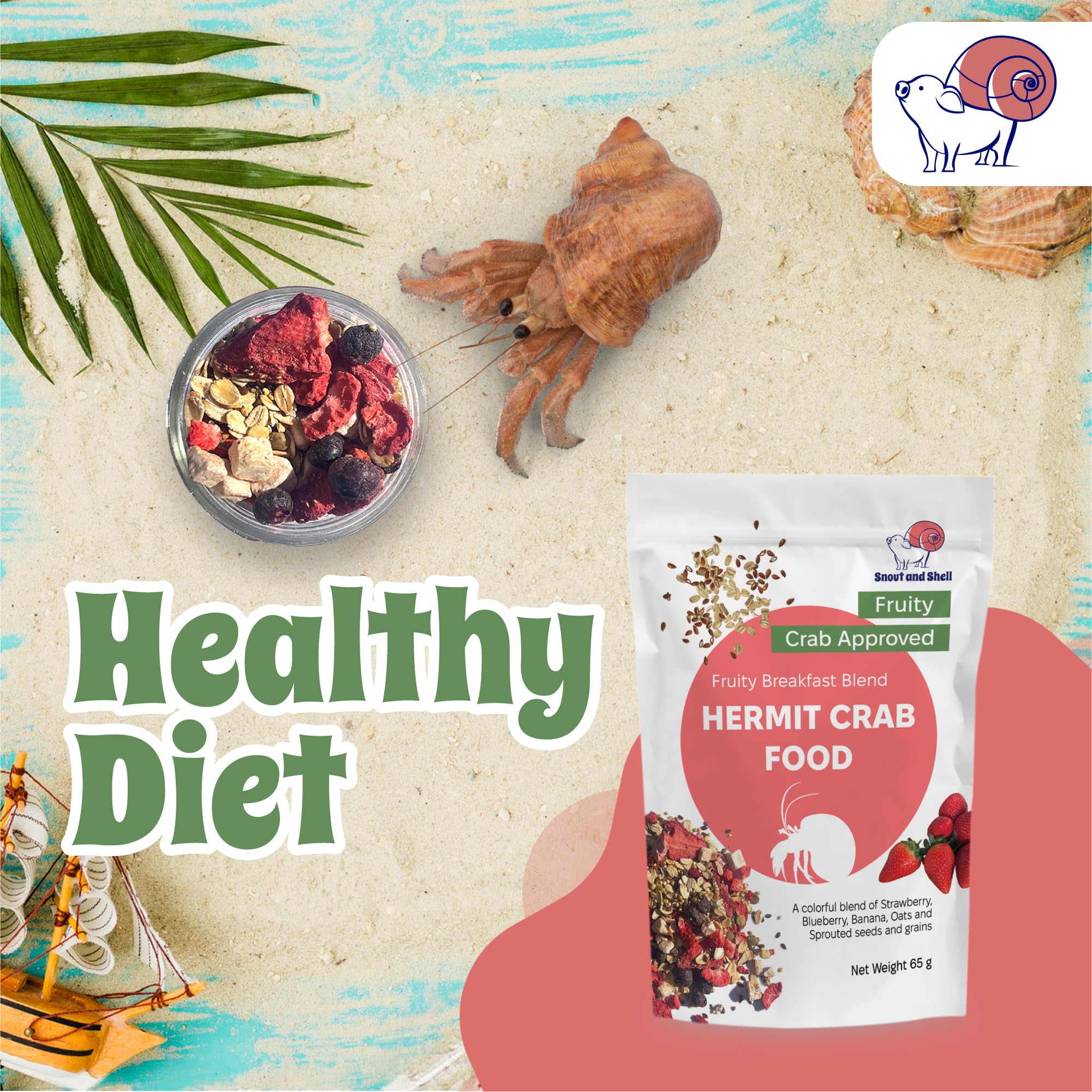 Snout and Shell sprouted-grains hermit crab diet provides balanced energy.