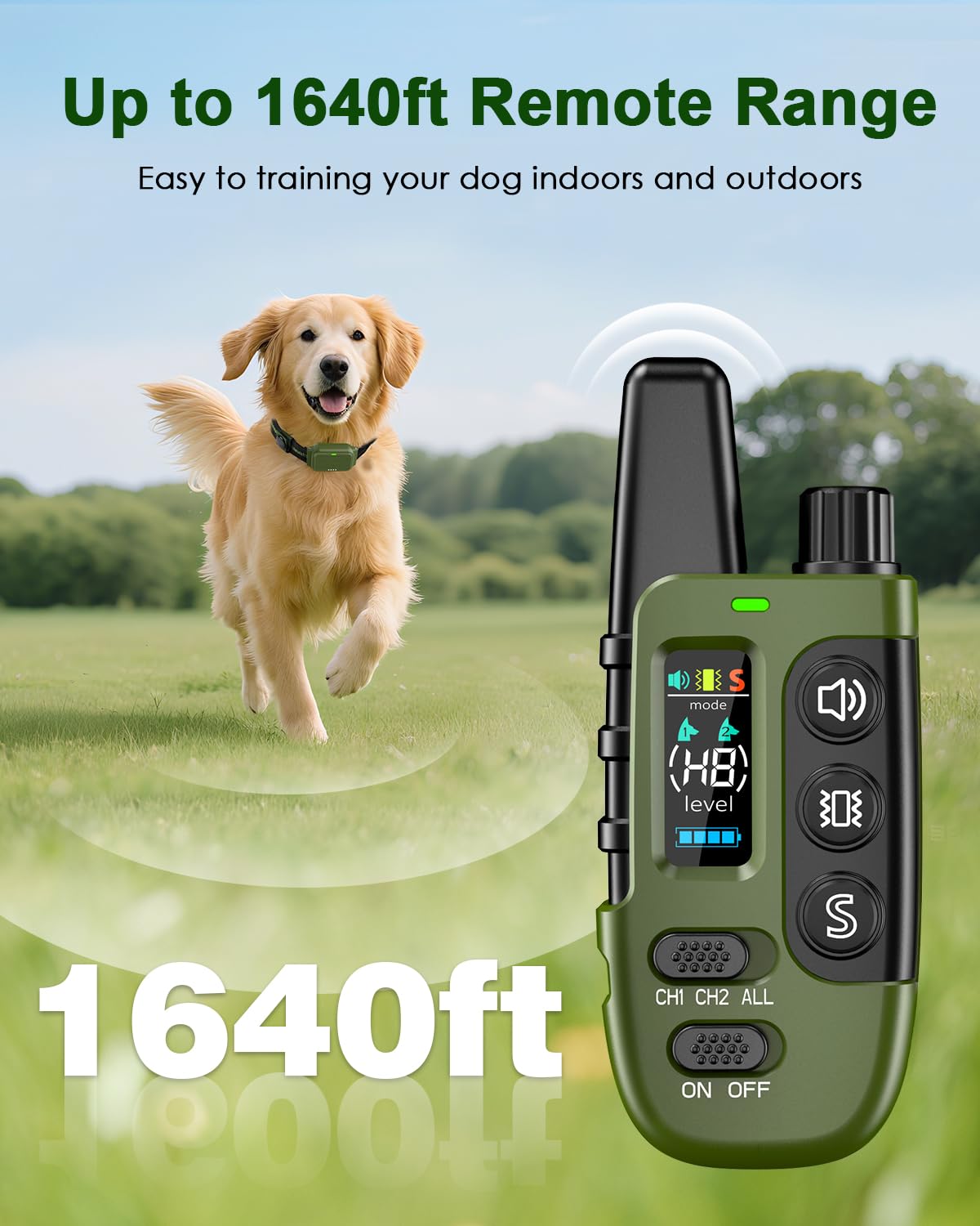 Snsng shock collar in outdoor setting illustrating 1600 ft range for long-distance training
