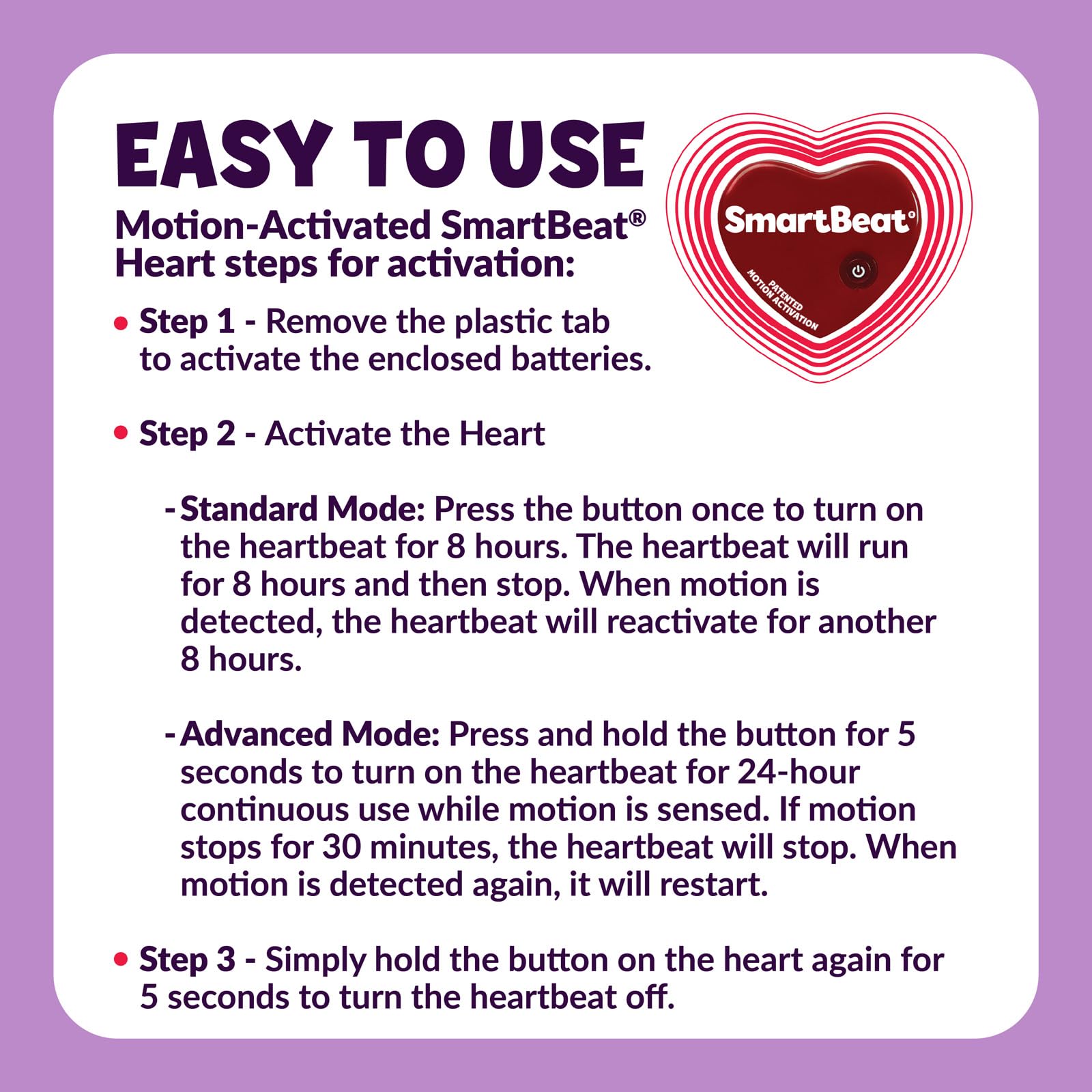Snuggle Kitty battery compartment view noting easy setup for parents.