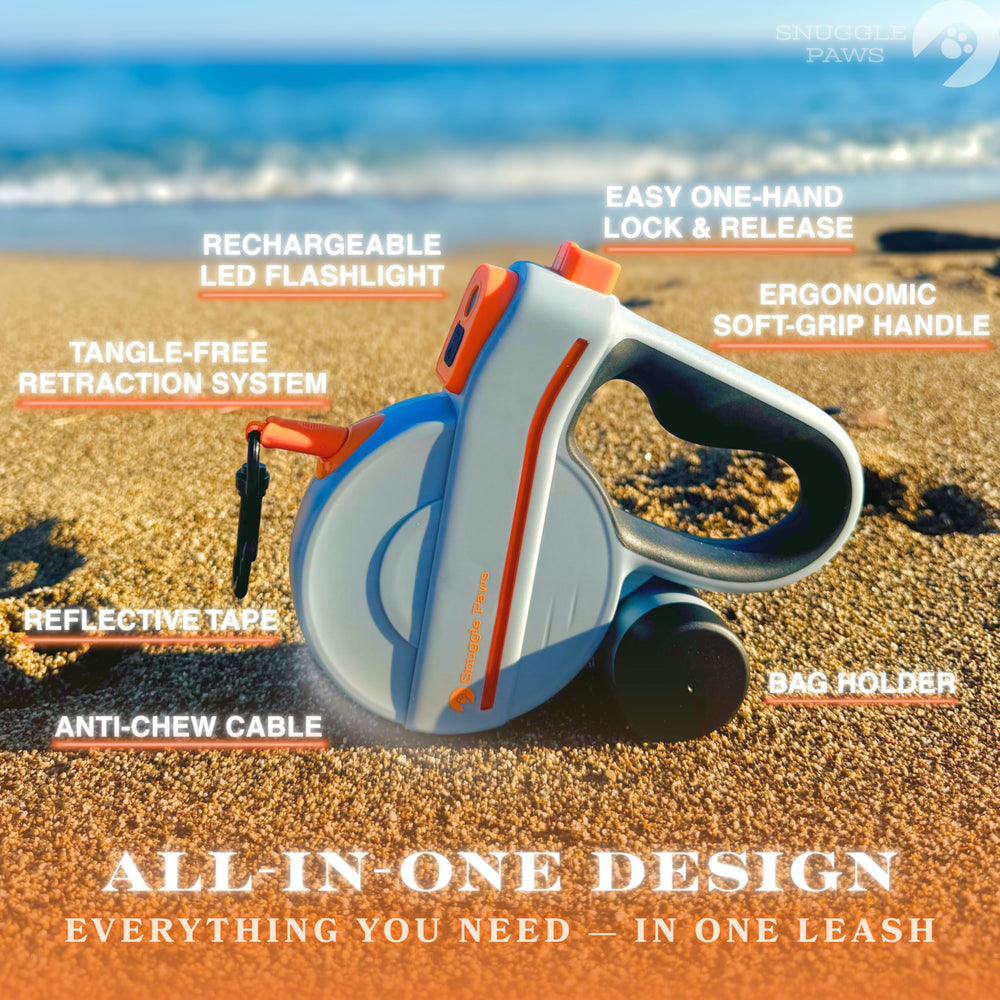 Snuggle Paws retractable leash with built-in poop bag holder keeps cleanup within reach during walks