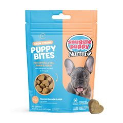 Snuggle Puppy Puppy Bites Grow Strong bottle highlights omega-3 nutrition for dogs