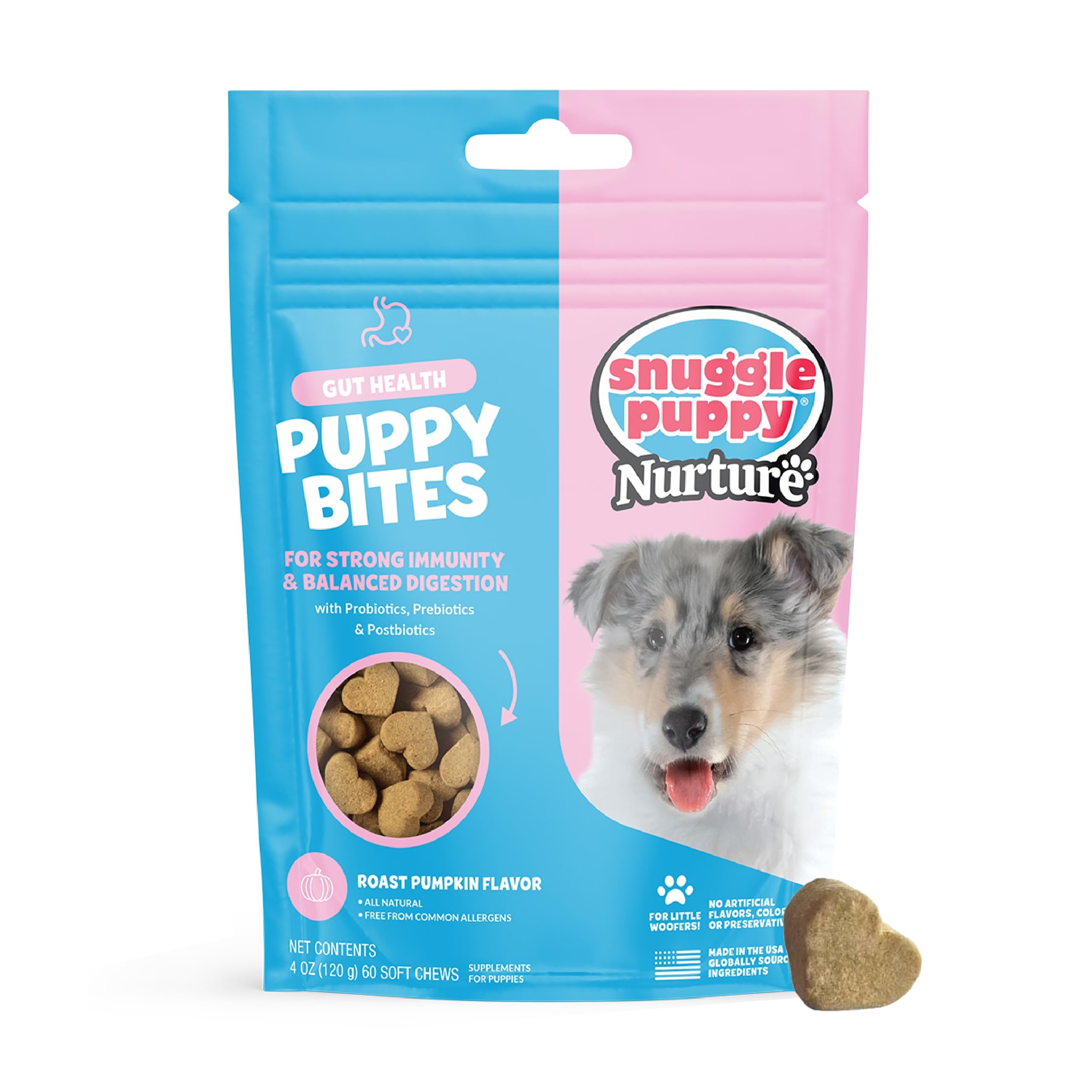 Snuggle Puppy Puppy Bites gut health bottle shows probiotic support for canine digestion