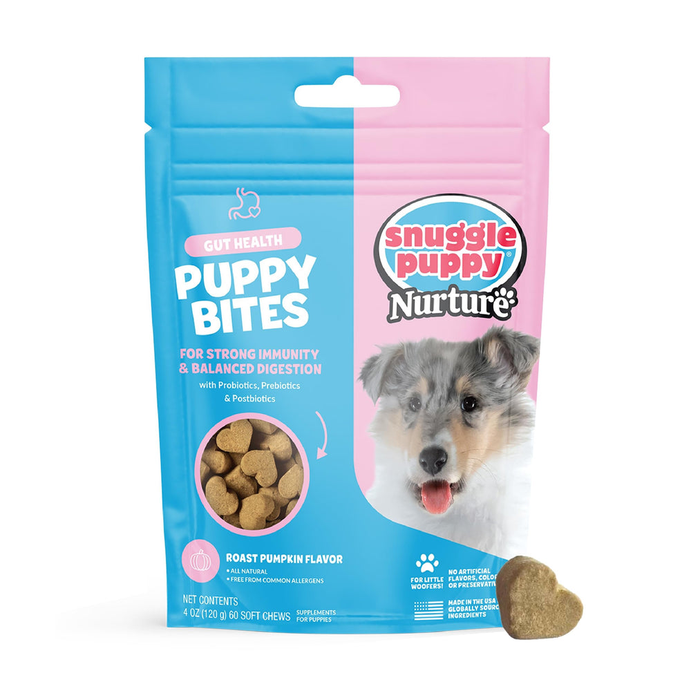 Snuggle Puppy Puppy Bites gut health bottle shows probiotic support for canine digestion