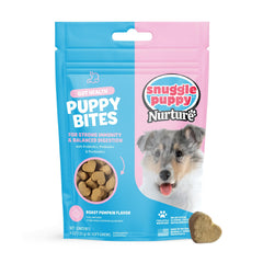 Snuggle Puppy Puppy Bites gut health bottle shows probiotic support for canine digestion