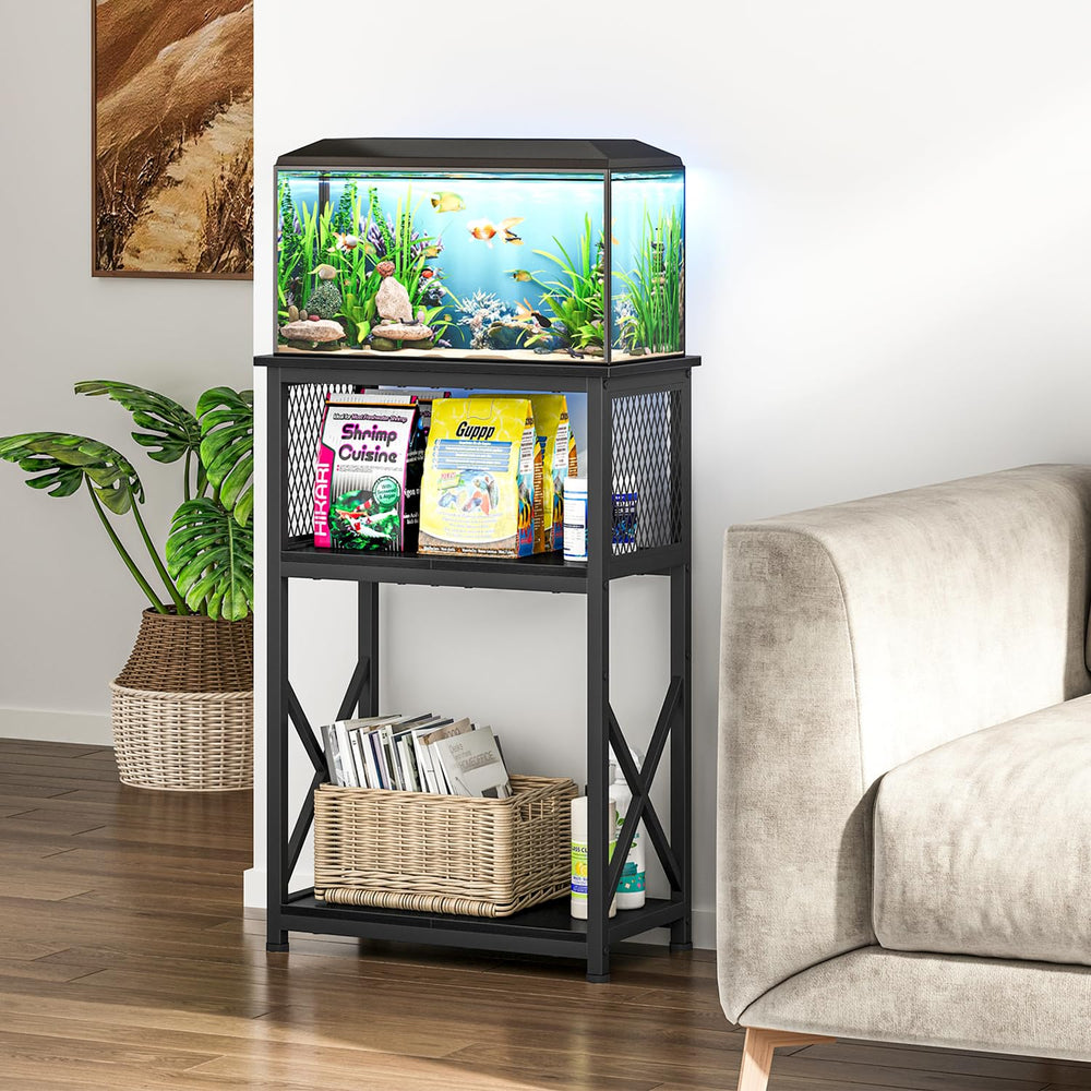 Snughome 3-tier aquarium stand side view emphasizes organized space for accessories.