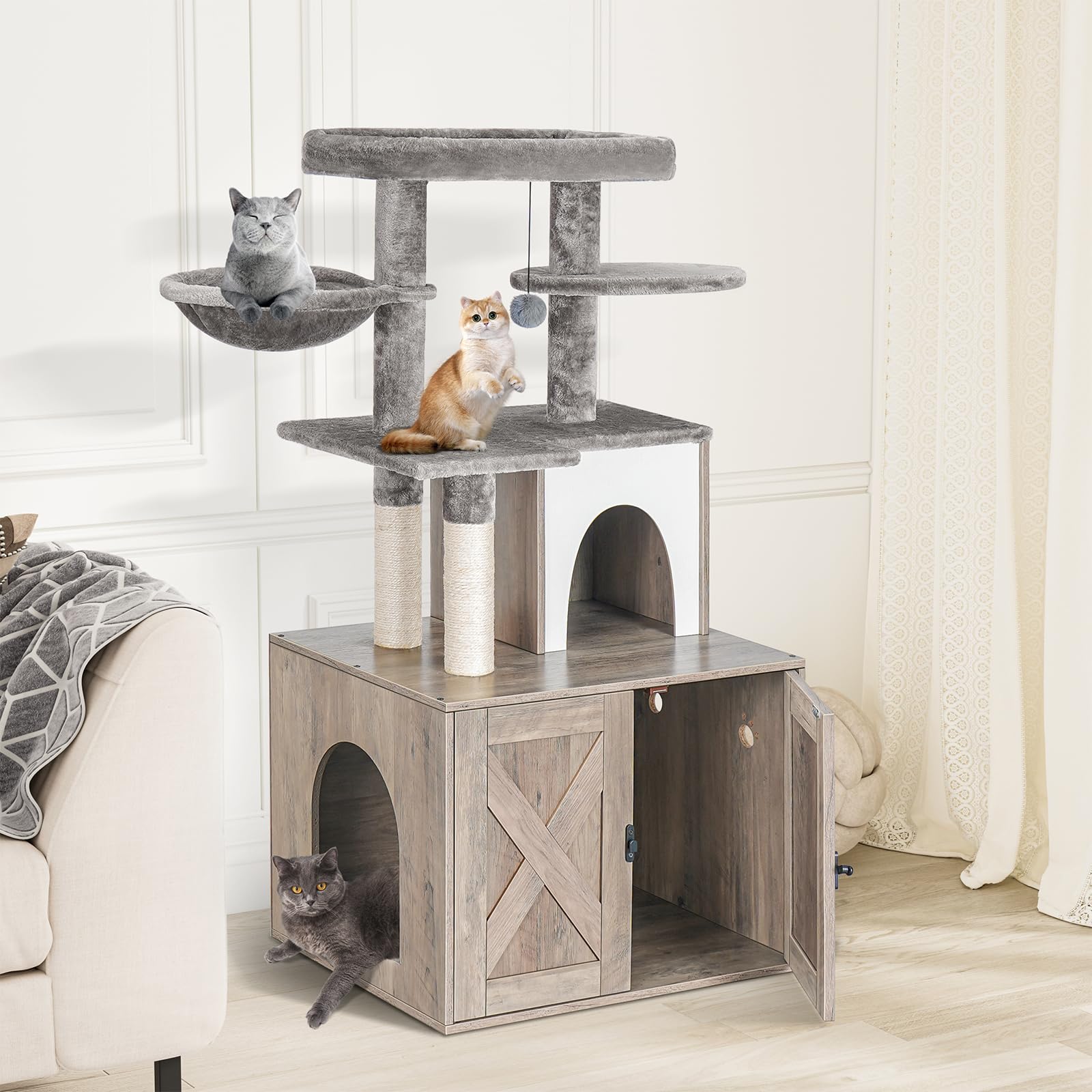 Snughome cat tree features anti-tip stability and sisal posts to protect furniture.