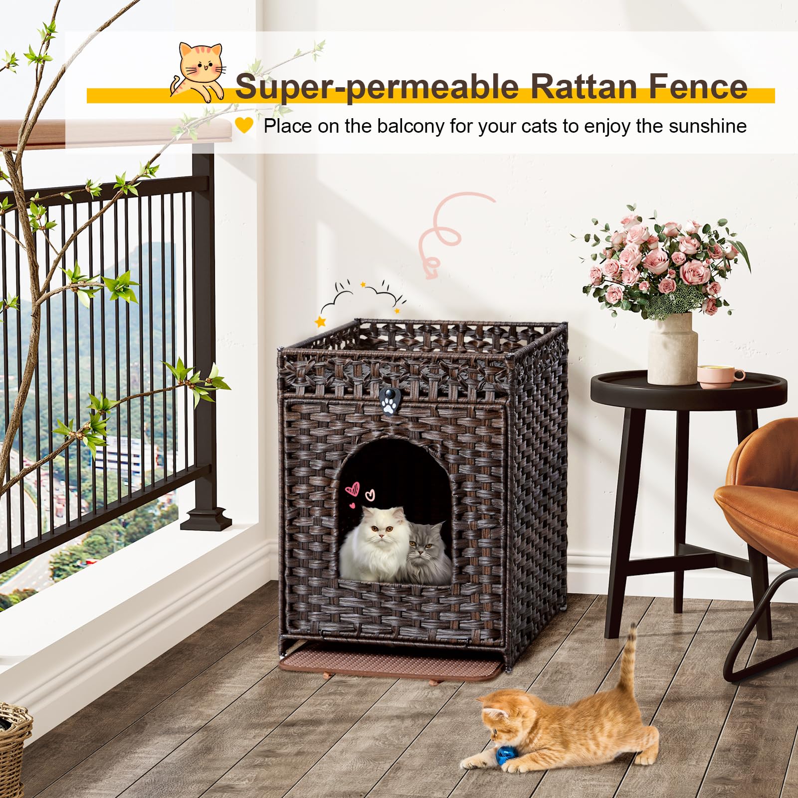 Snughome cat litter box enclosure brown-top-fence adds functional space and pet-supplies storage