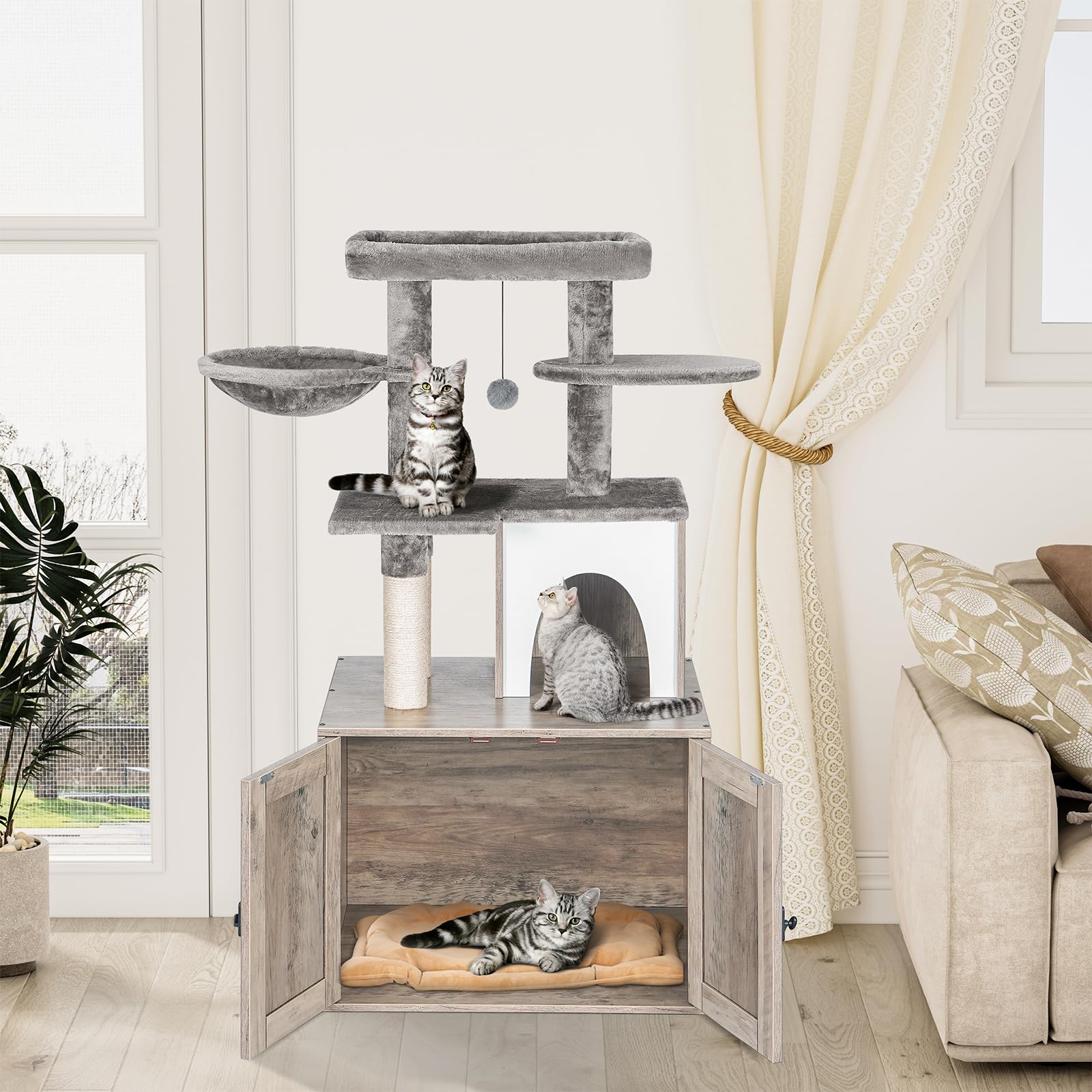 Snughome enclosure with plush perch and decorative grey finish blends with decor.