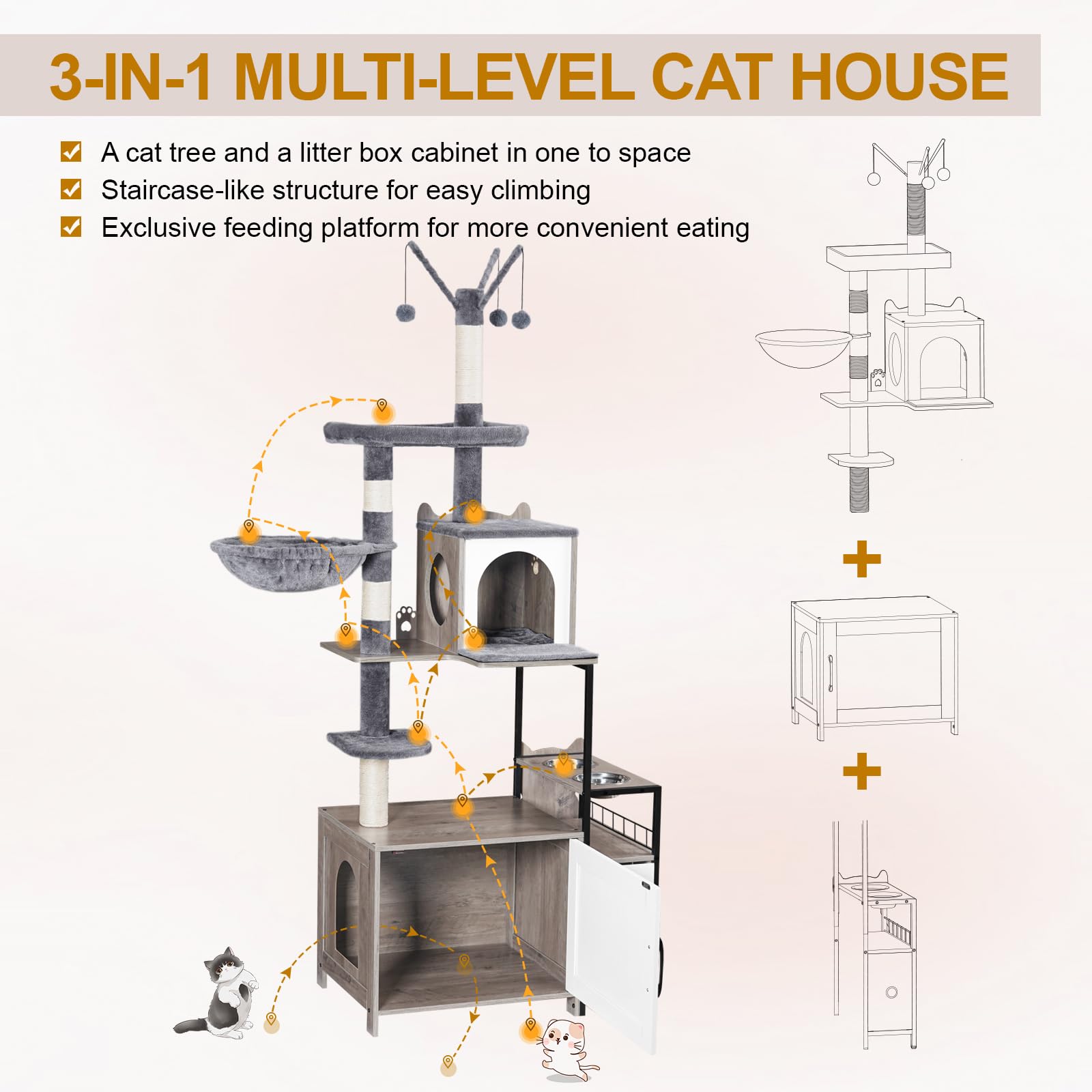 Snughome cat tree lower storage cabinet organizes litter, food, and toys