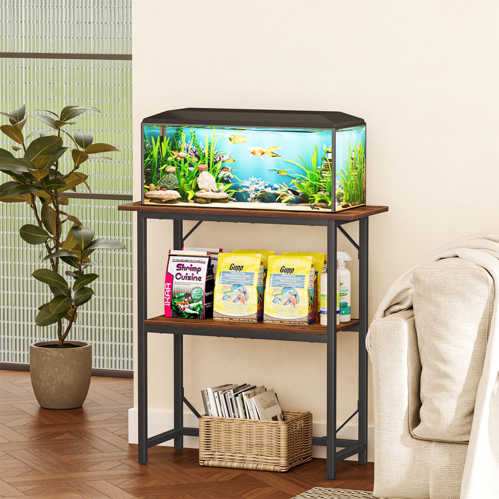 Snughome fish tank stand middle shelf storage keeps care essentials organized.