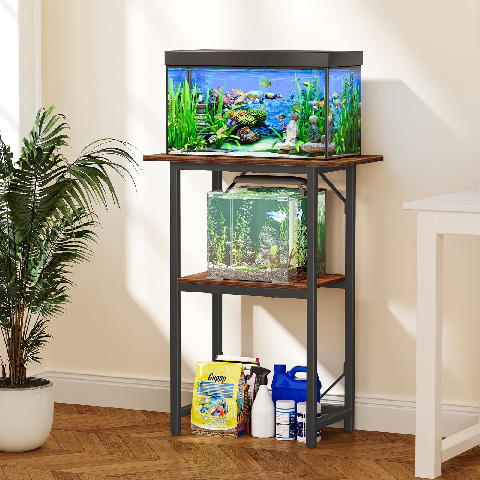 Snughome rustic brown stand middle-shelf emphasizes ample storage for fish care supplies.