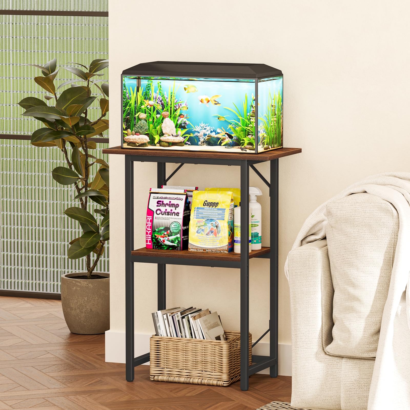 Snughome rustic brown stand top-shelf highlights heavy-duty support for 20-gallon tanks.