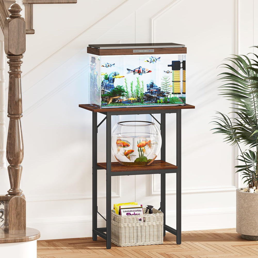Snughome two-tier storage contents image shows easy access to fish care items.
