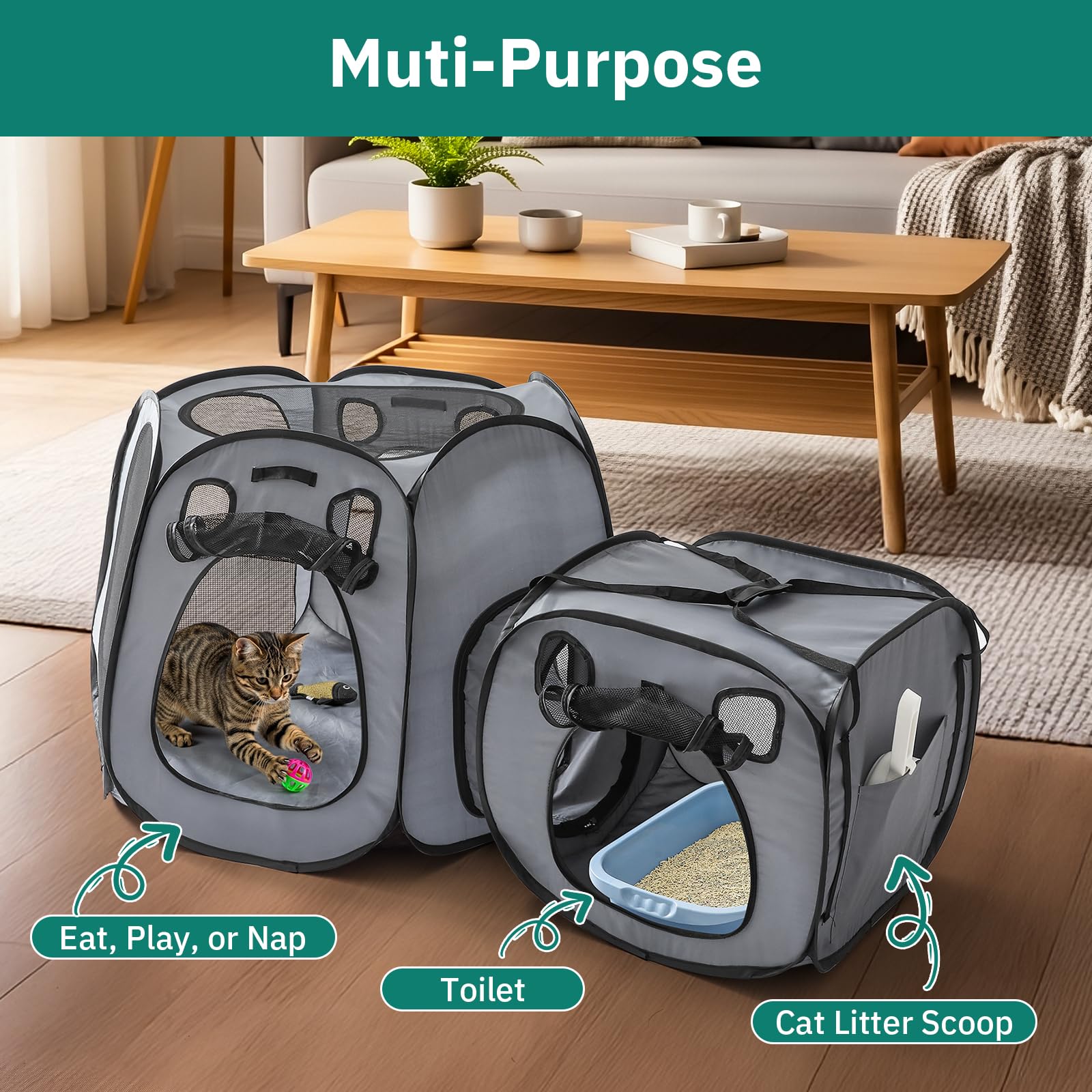 SNUVID portable cat playpen two-tents connection for larger space.