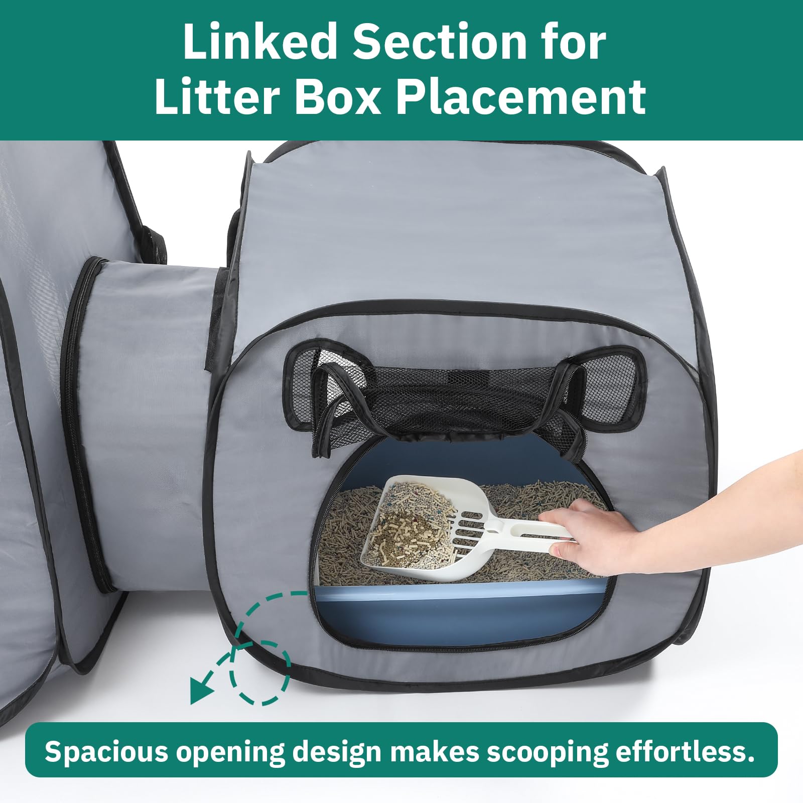 SNUVID portable cat playpen shows two-zone design for clean space.