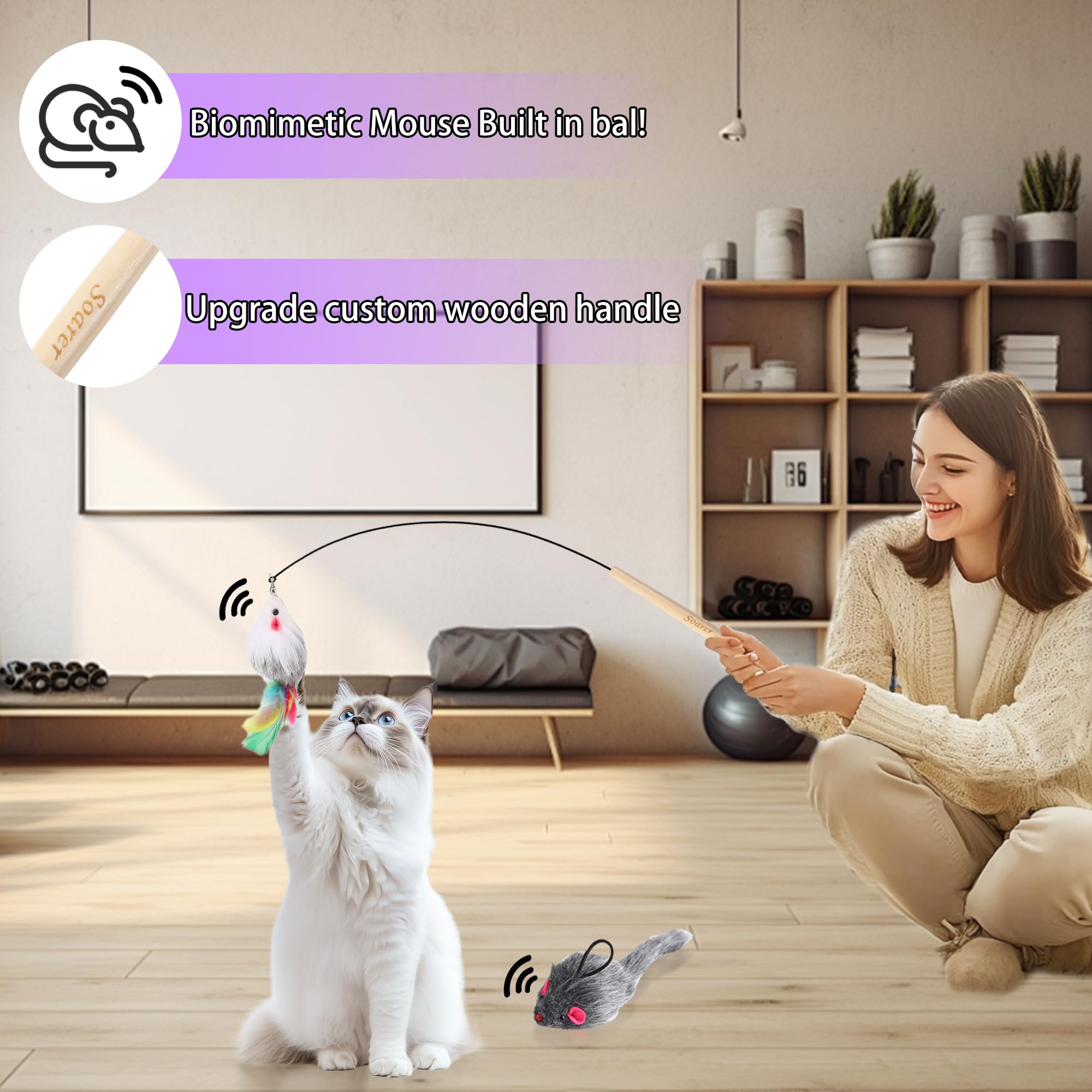 Soarer biomimetic mice toys stimulate natural stalking instincts during supervised play.