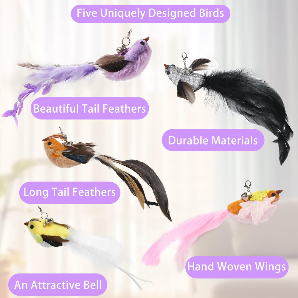 Soarer five-pack flying bird toys capture attention with vibrant colors for hunting play.