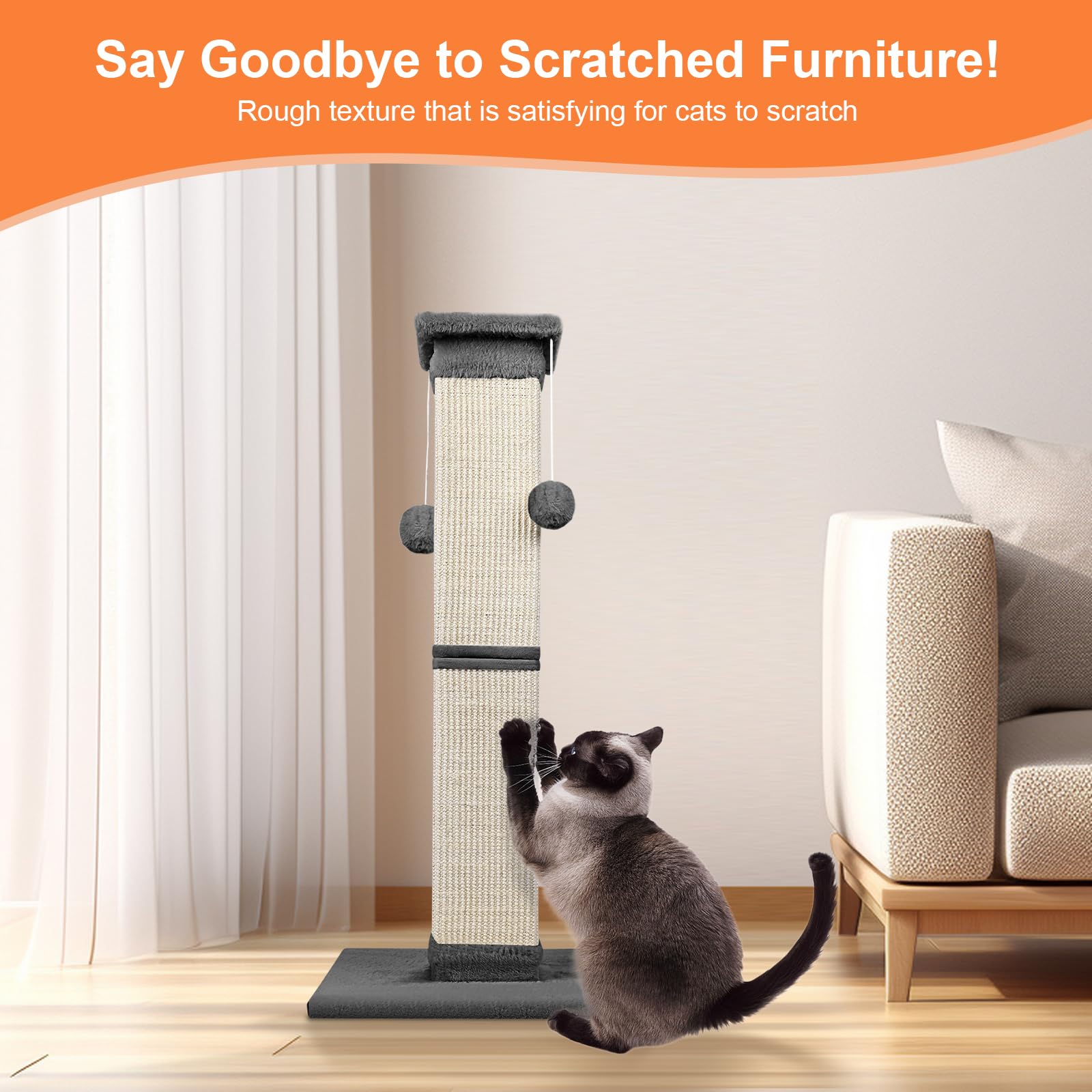 SOCATER cat scratching post features 5-inch wide sisal posts for ample scratching area.