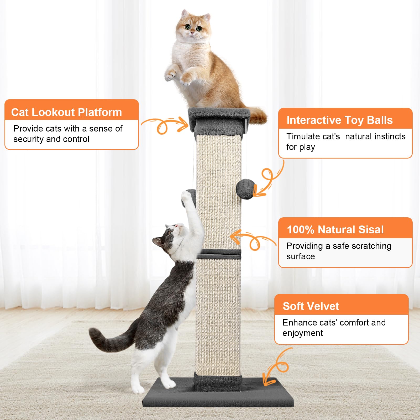 SOCATER scratching post base 15.7 inches square keeps cats steady during vigorous play.