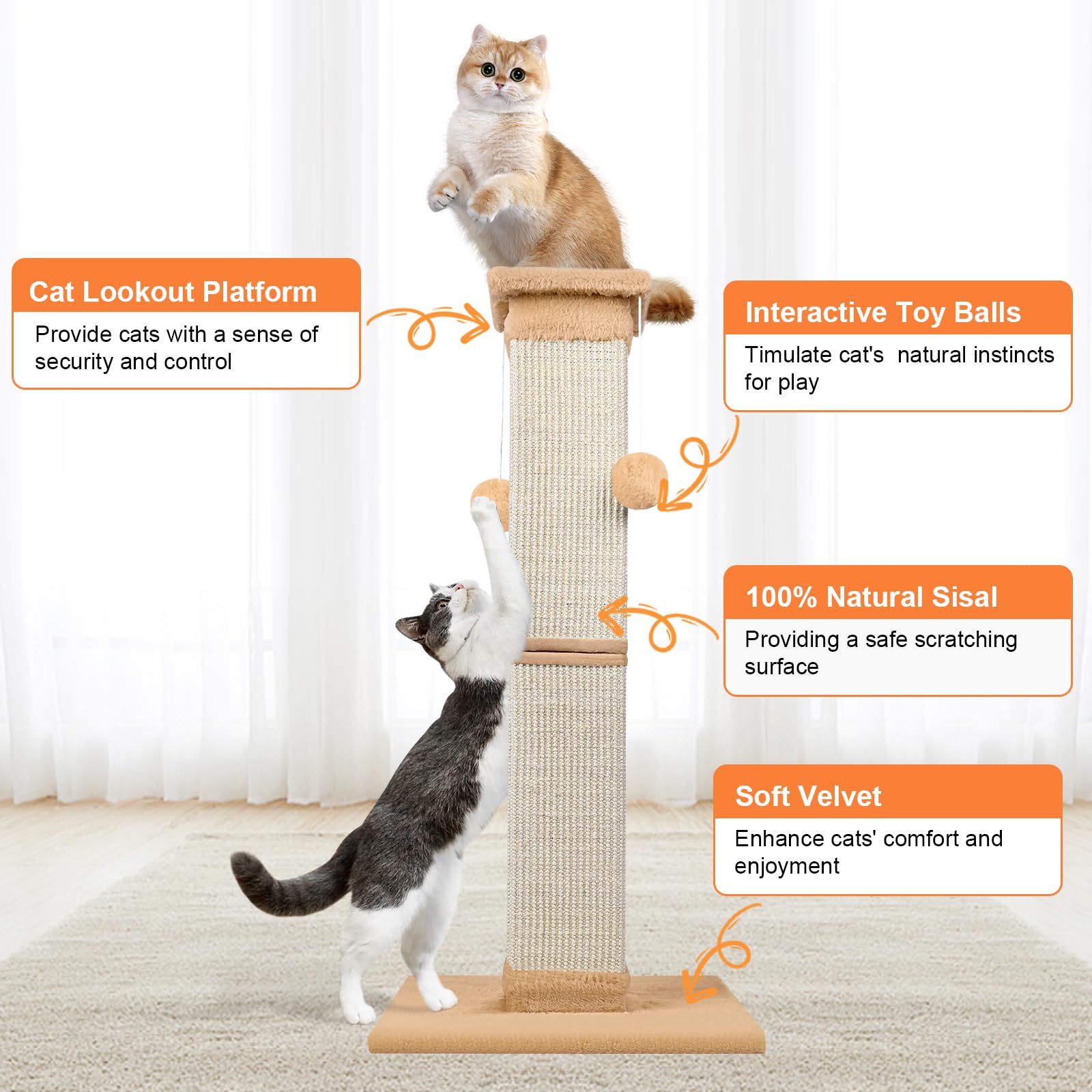 SOCATER cat scratching post vertical-scratching-area provides ample space for stretching.