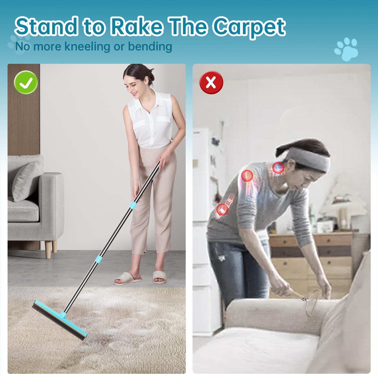Soccso Carpet Rake used on a couch with an 18-inch handle for small spaces.