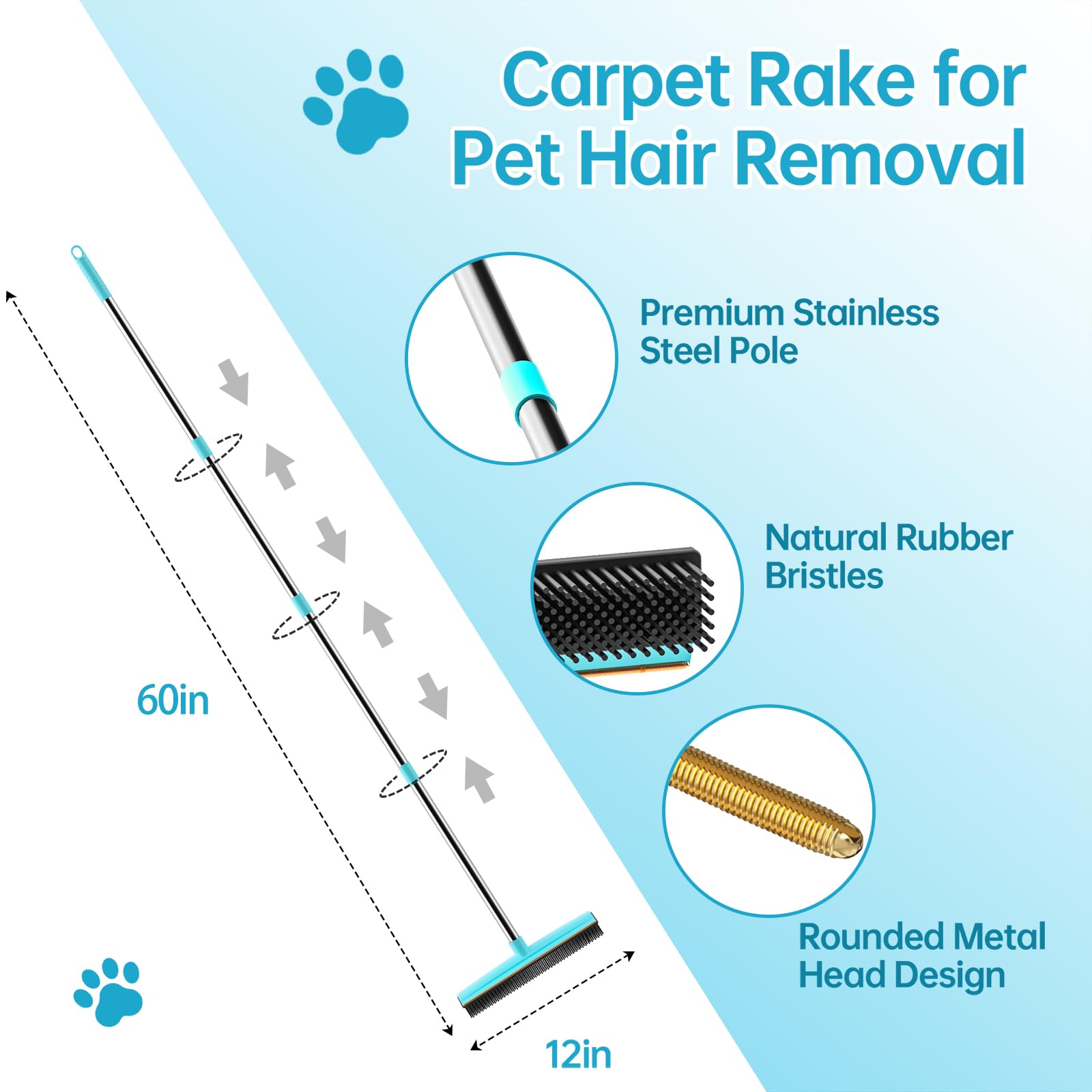 Soccso Carpet Rake metal head detail shows durable edge for gentle carpet care.