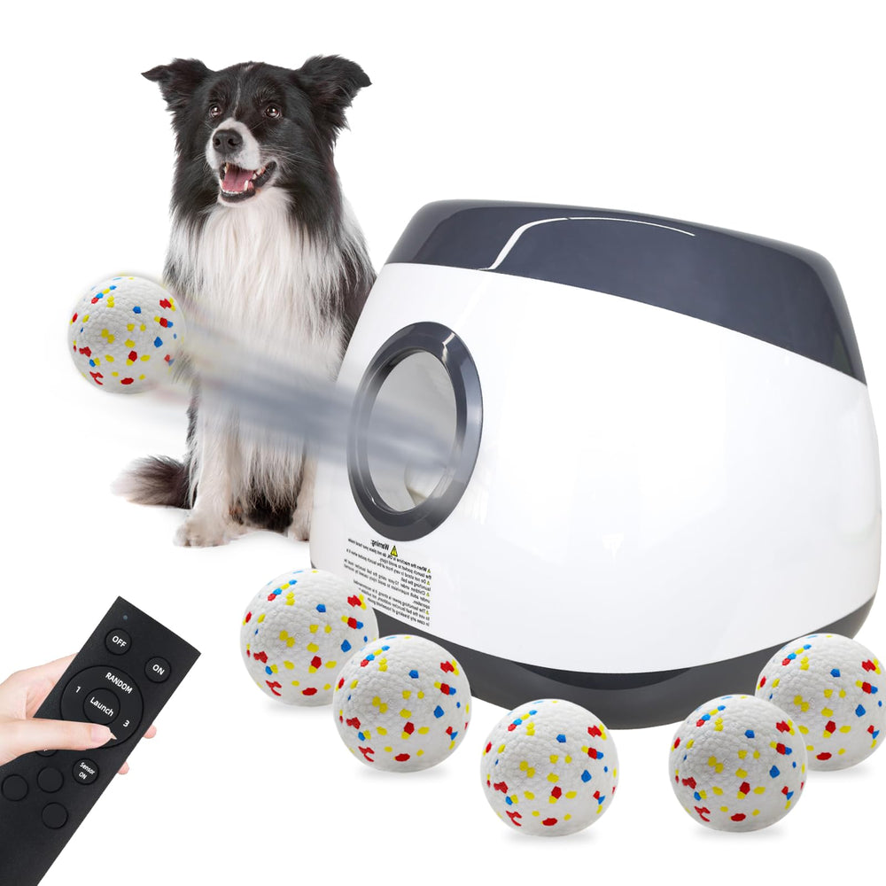 SOCO automatic ball launcher on the lawn showing adjustable fetch range for active dogs