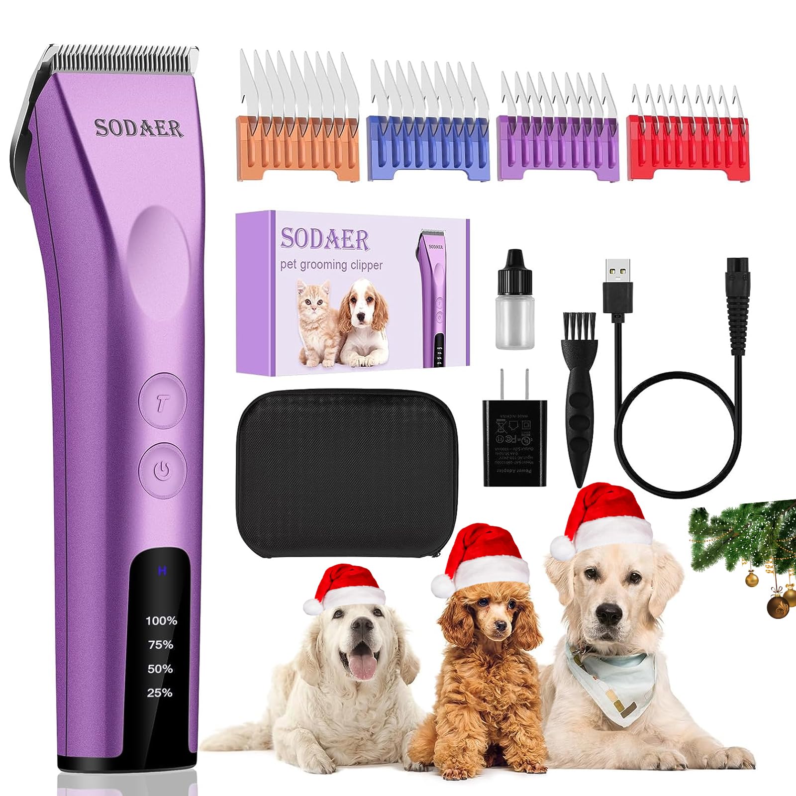Sodaer professional pet clipper front view in purple for efficient cordless grooming
