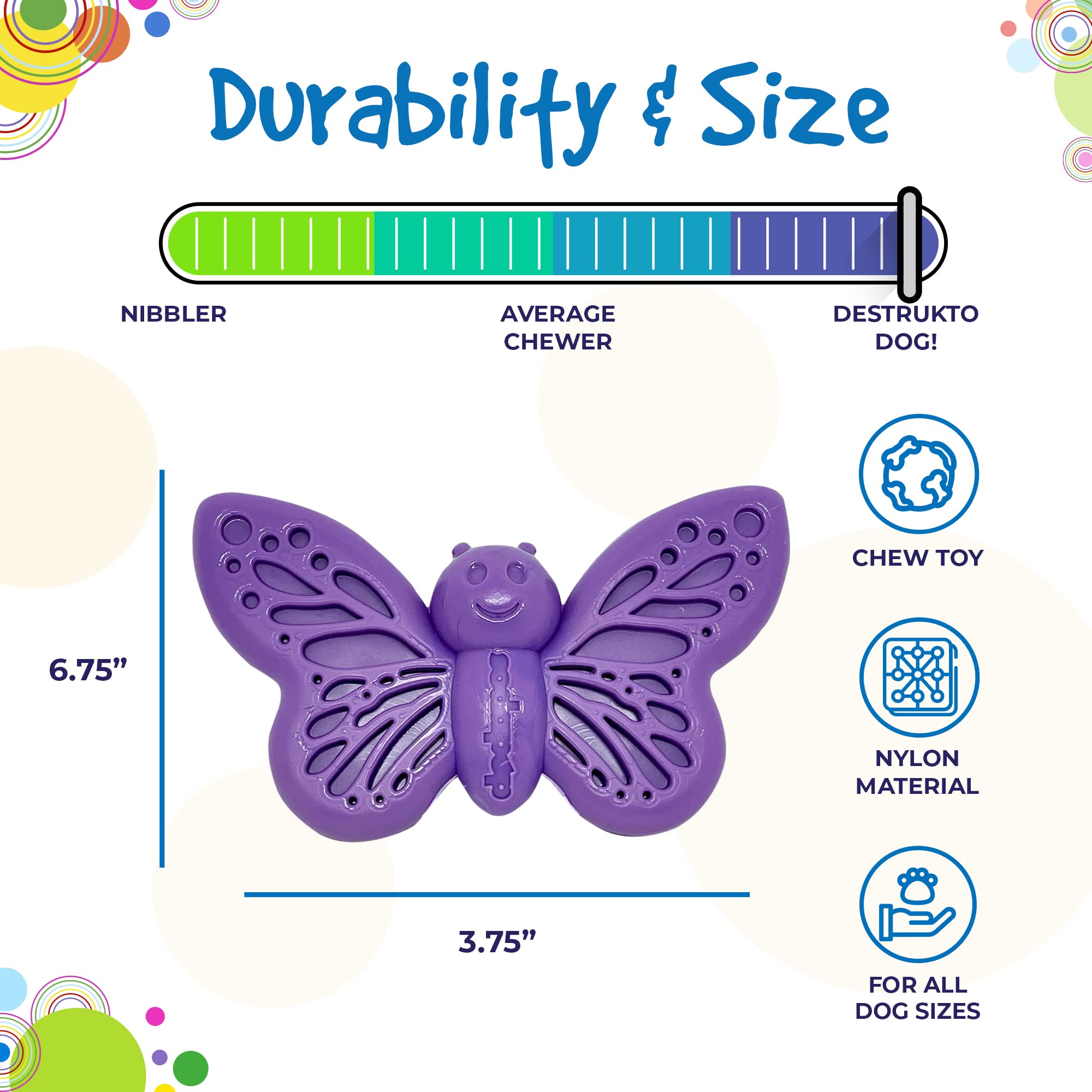 SodaPup Butterfly dishwasher-safe feature shown with easy cleanup after chewing sessions.