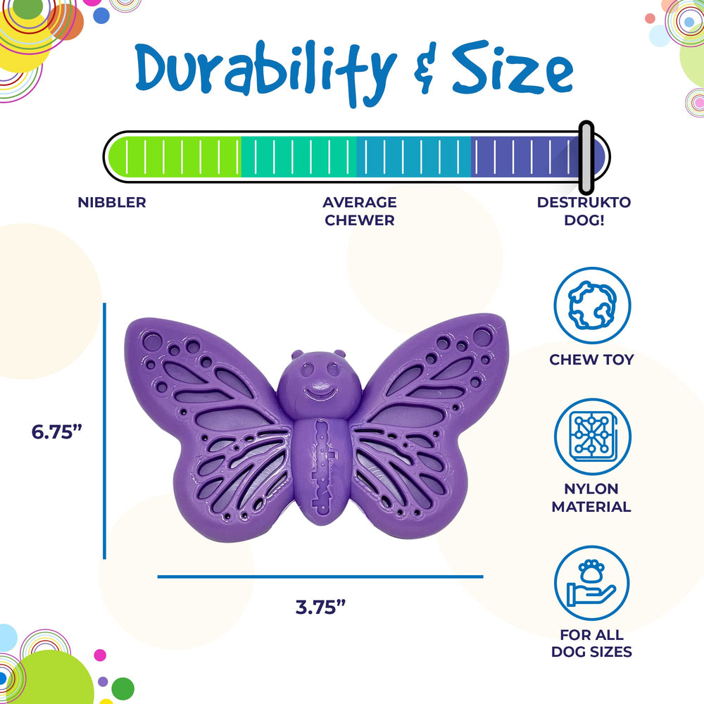 SodaPup Butterfly dishwasher-safe feature shown with easy cleanup after chewing sessions.