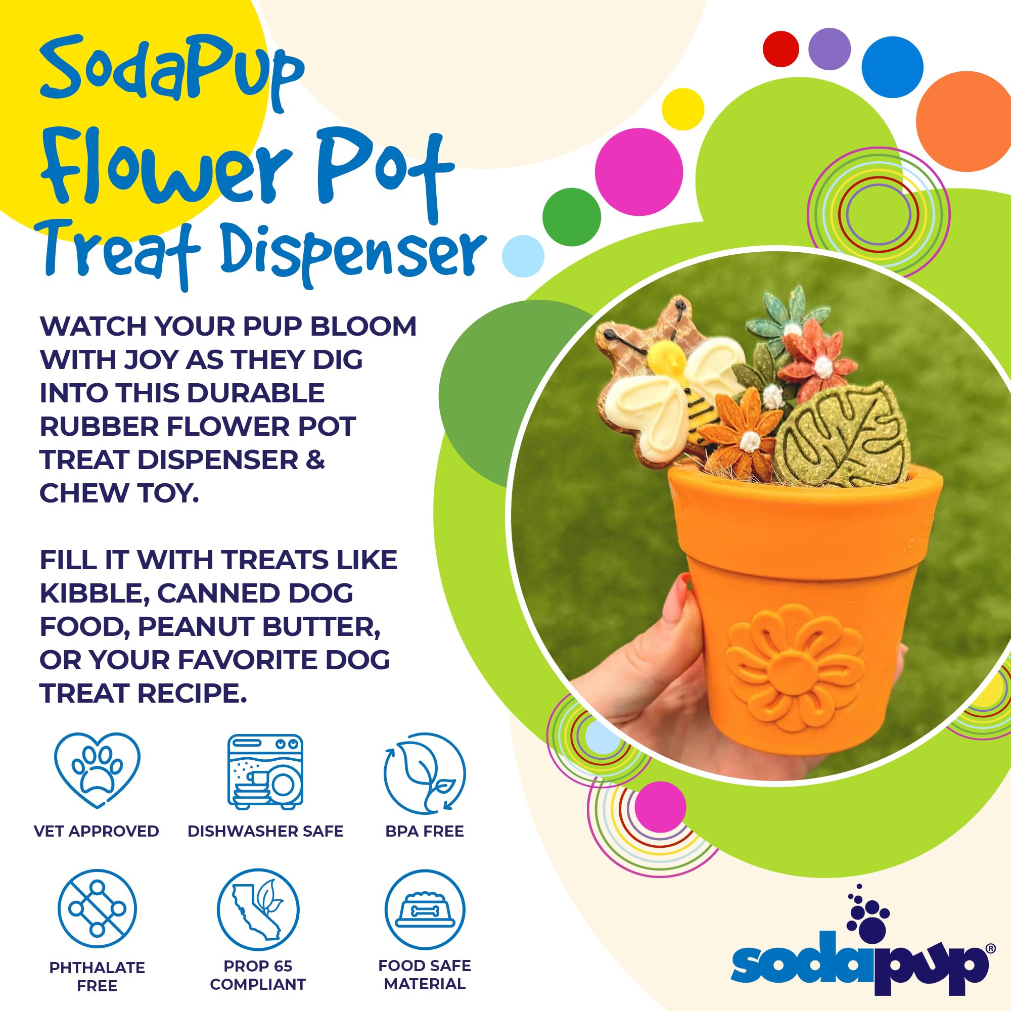 SodaPup Flower Pot in use with food for slow feeding and engagement