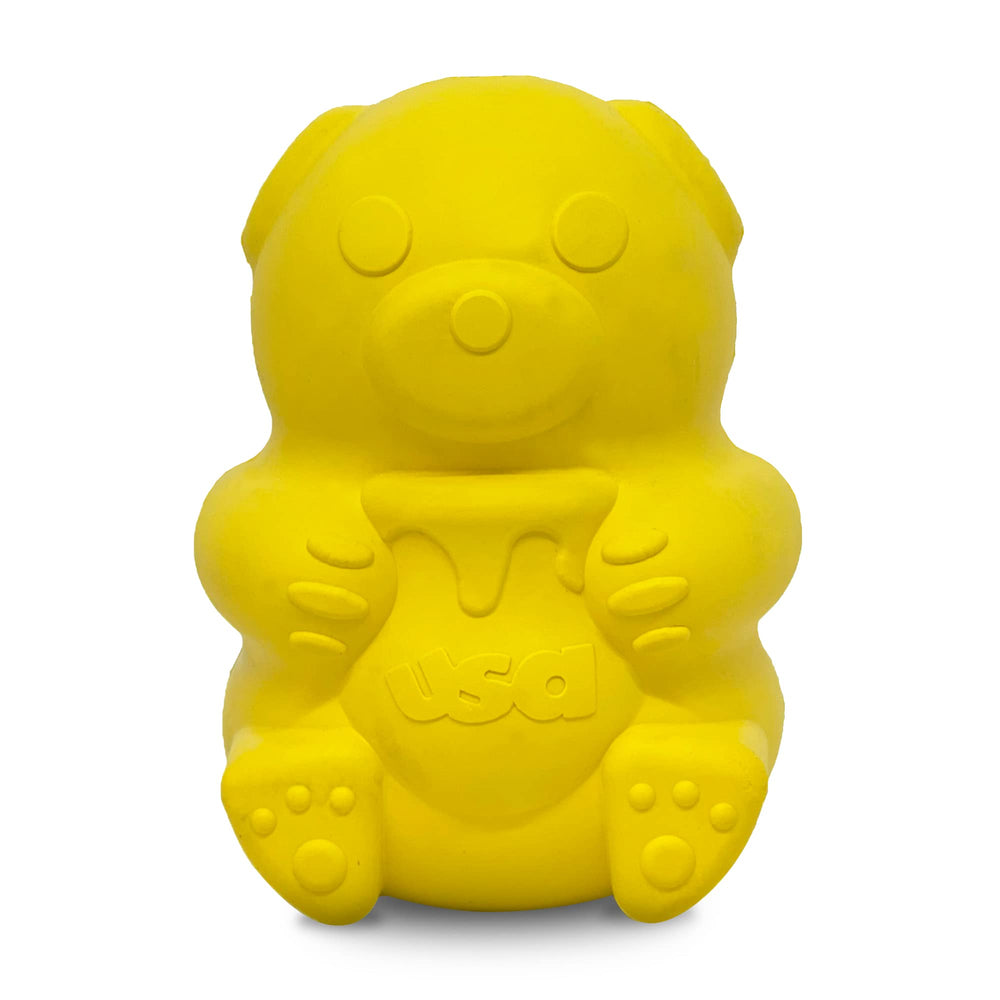 SodaPup Honey Bear treat dispenser close-up showing durable chew action for slow feeding.