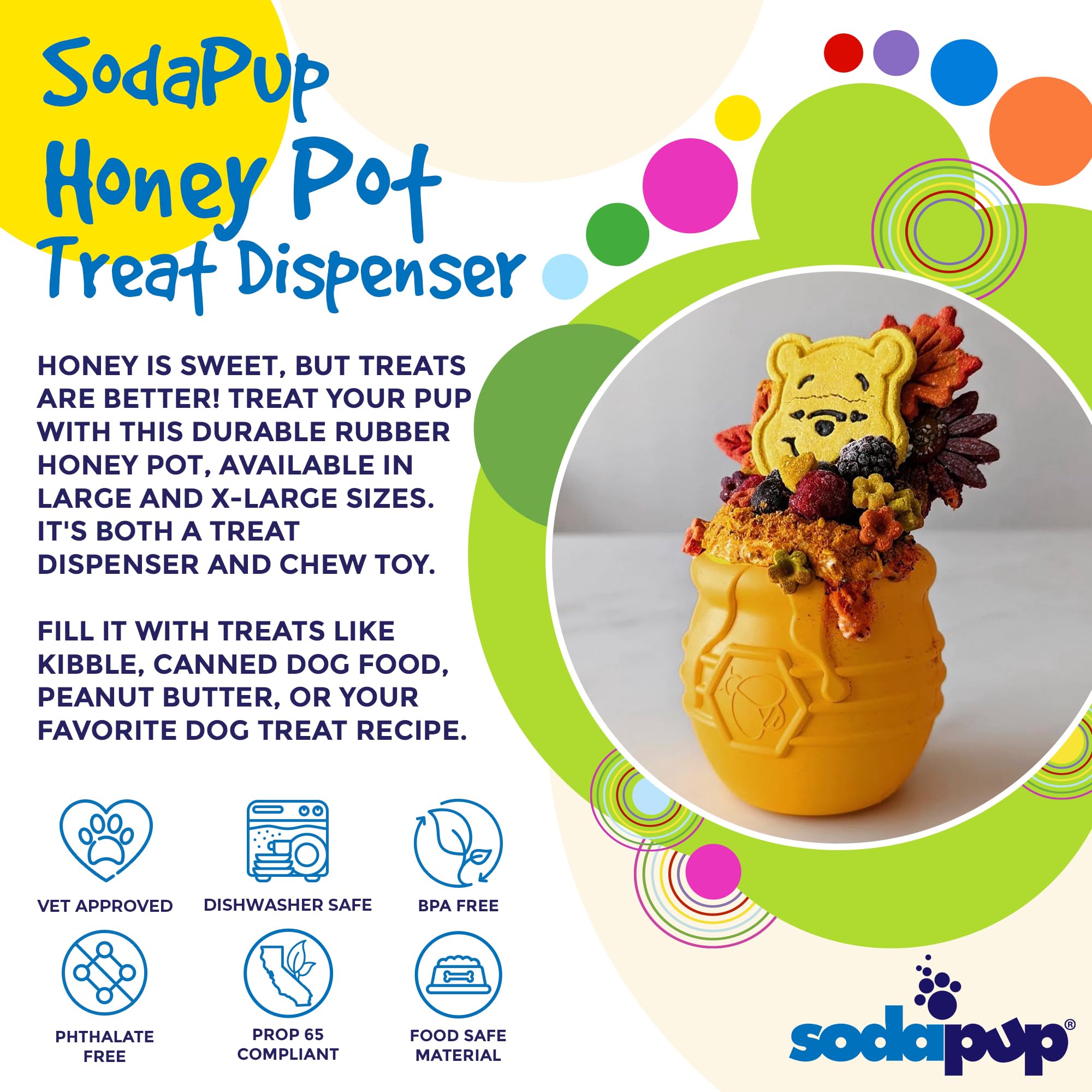 SodaPup Honey Pot durable rubber material highlights USA-made craftsmanship and safety.