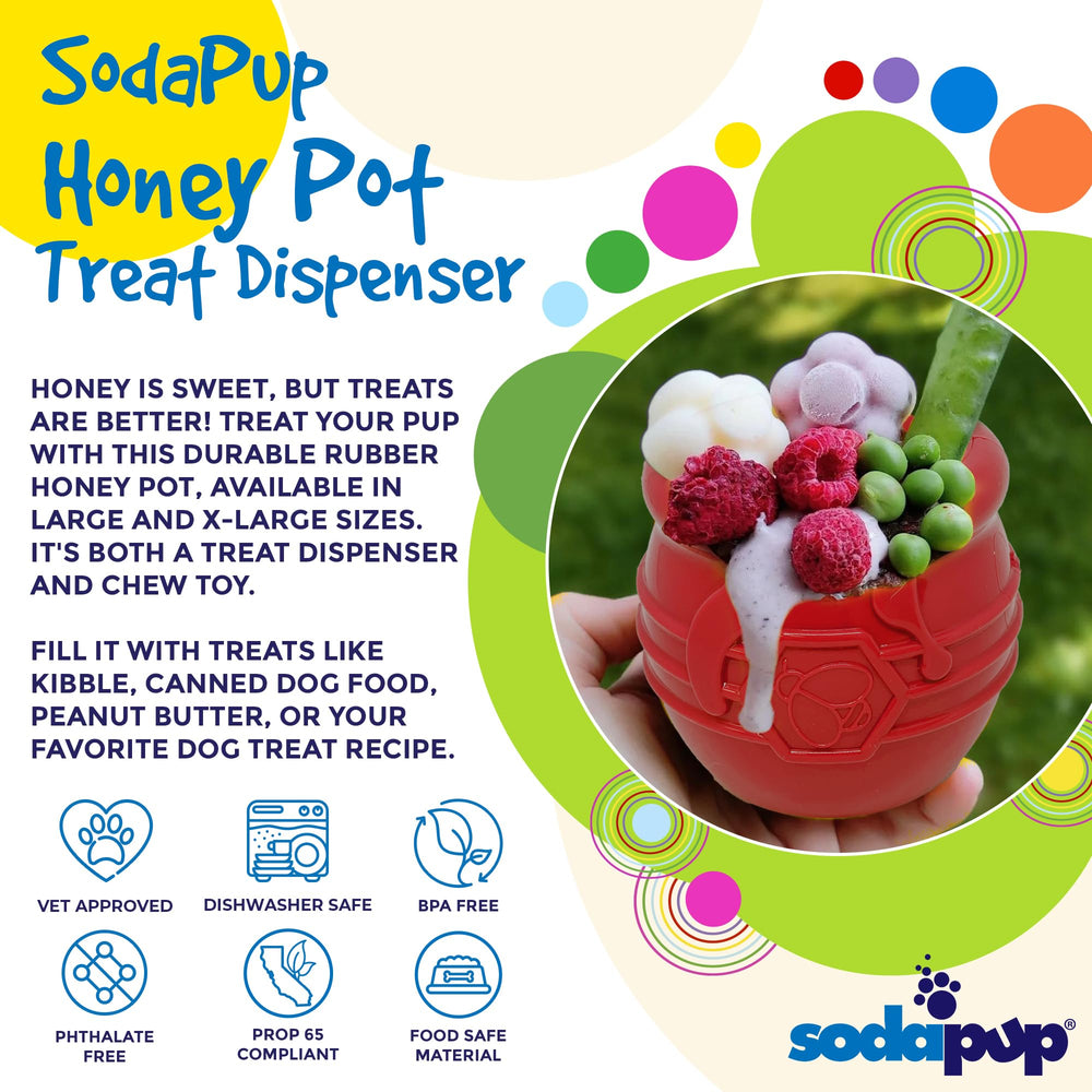 SodaPup Honey Pot durable rubber highlights long-lasting play indoors or outdoors.