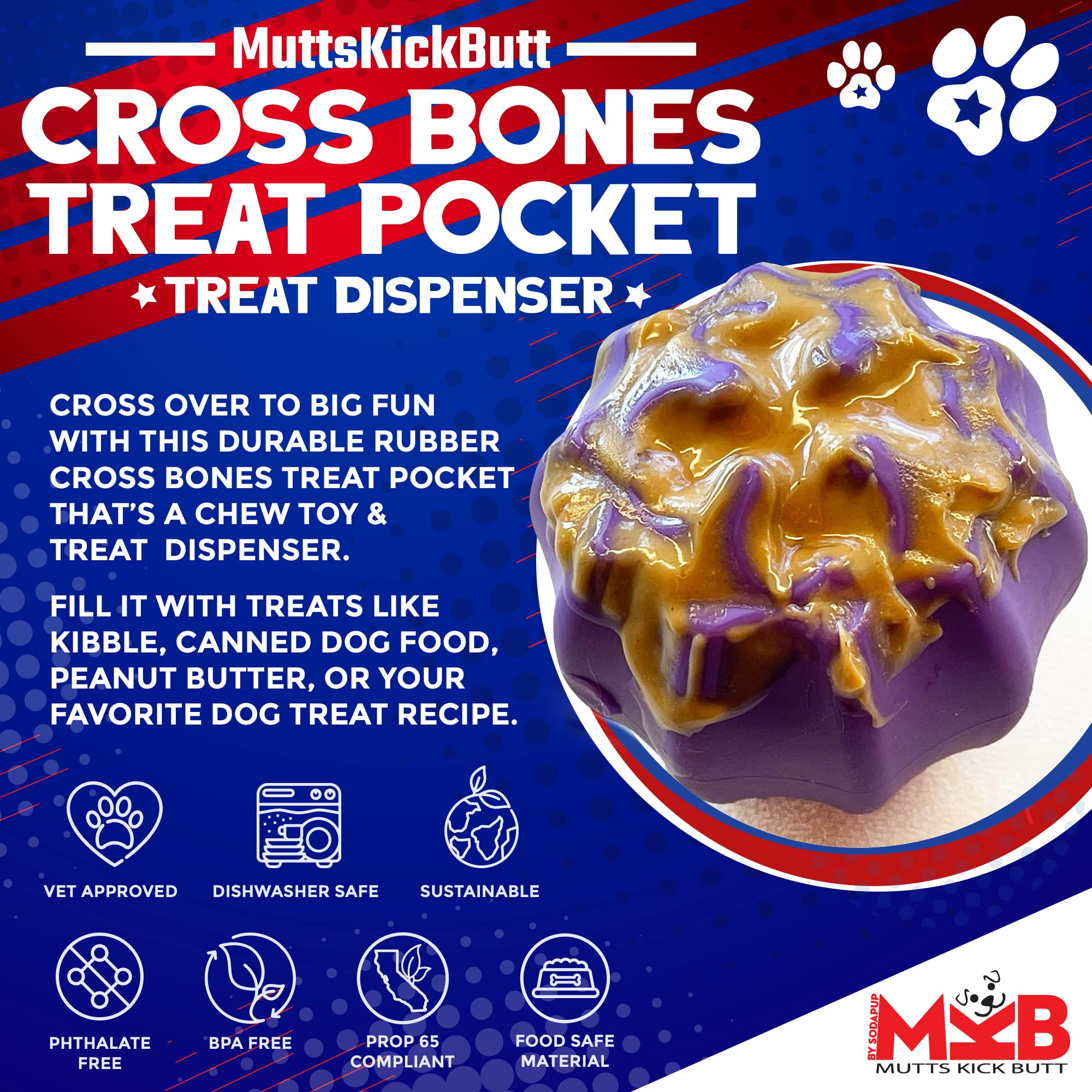 SodaPup MuttsKickButt Cross Bones Treat Pocket filling with treats promotes slow eating and engagement