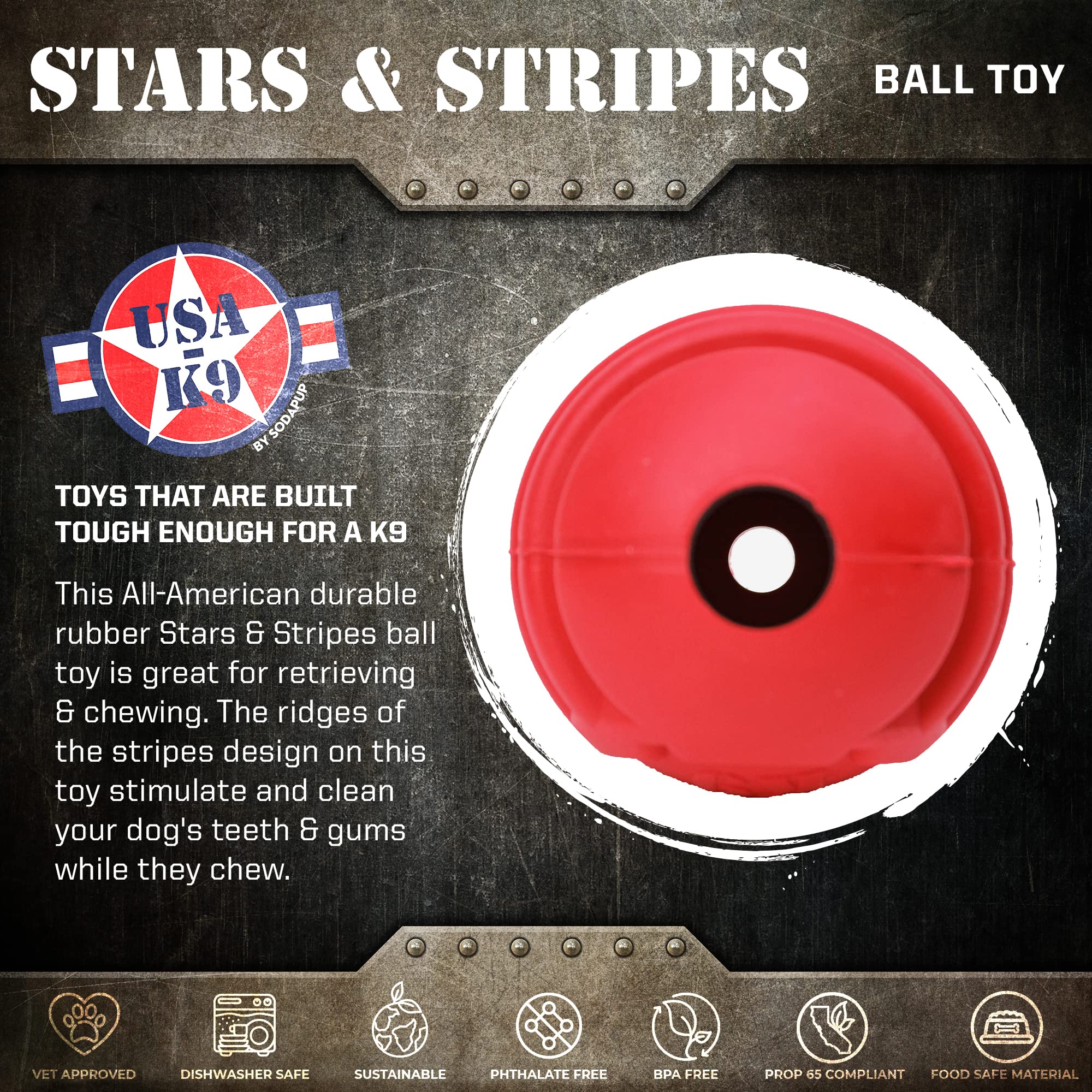 SodaPup USA-K9 Stars & Stripes ball close-up shows durable natural rubber for power chewers
