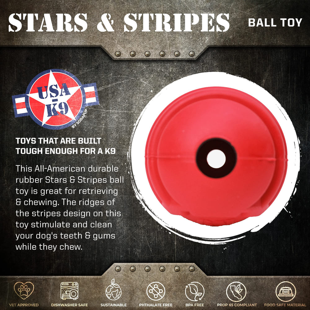 SodaPup USA-K9 Stars & Stripes ball close-up shows durable natural rubber for power chewers