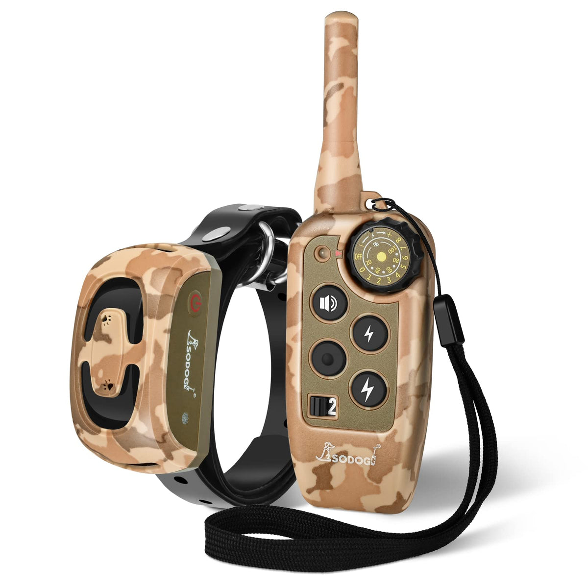 SODOG electric shock collar desert camouflage front view for distance training and recall