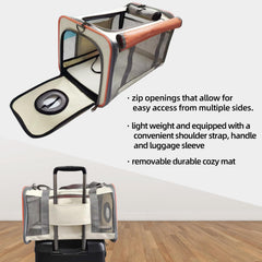 Soft-Sided Pet Carrier Bag feeding window demonstrates secure feeding without opening the bag