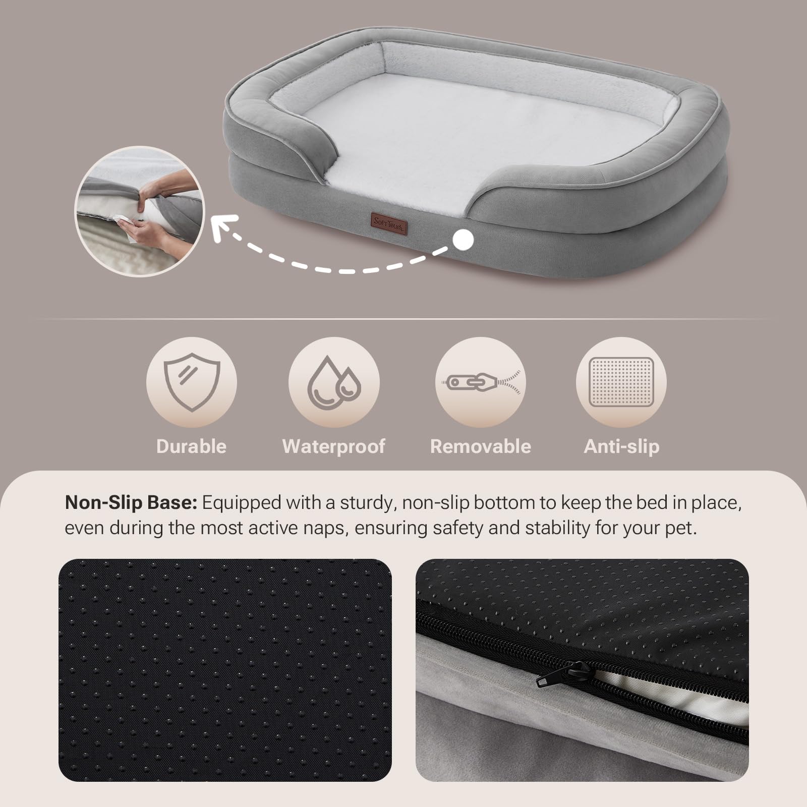 Soft Touch anti-slip base stabilizes the bed on floors