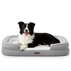 Soft Touch orthopedic dog bed with grey faux fur top offering cozy naps
